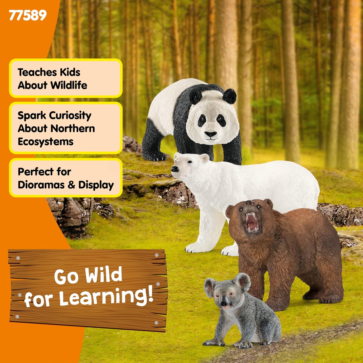 Elefair Schleich Wild Life 4-piece bear toy set with realistic panda, koala, grizzly, and polar bear figures for play and collection.