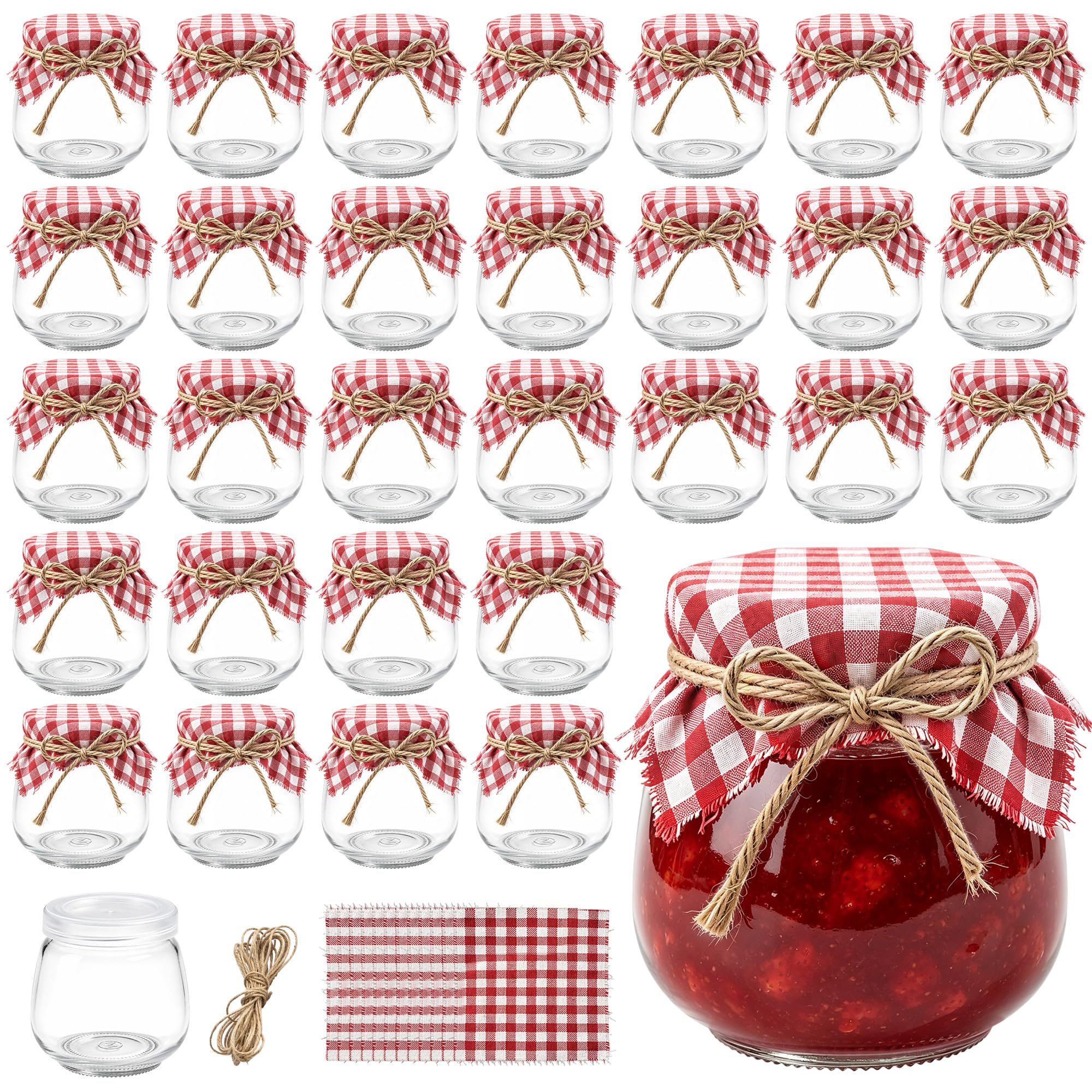 Set of 30 small glass jars with lids by ZHURUININ, perfect for yogurt, jam, or storage; clear glass with metal lids.