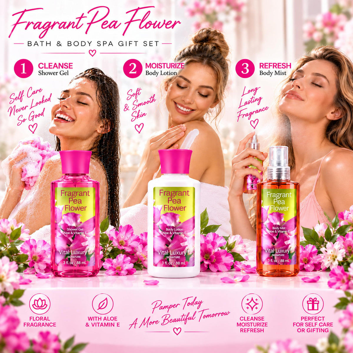 Bath Body Care Travel Set with Fragrant Pea Flower Bath Set - Vital Luxury Official Imagery - 3