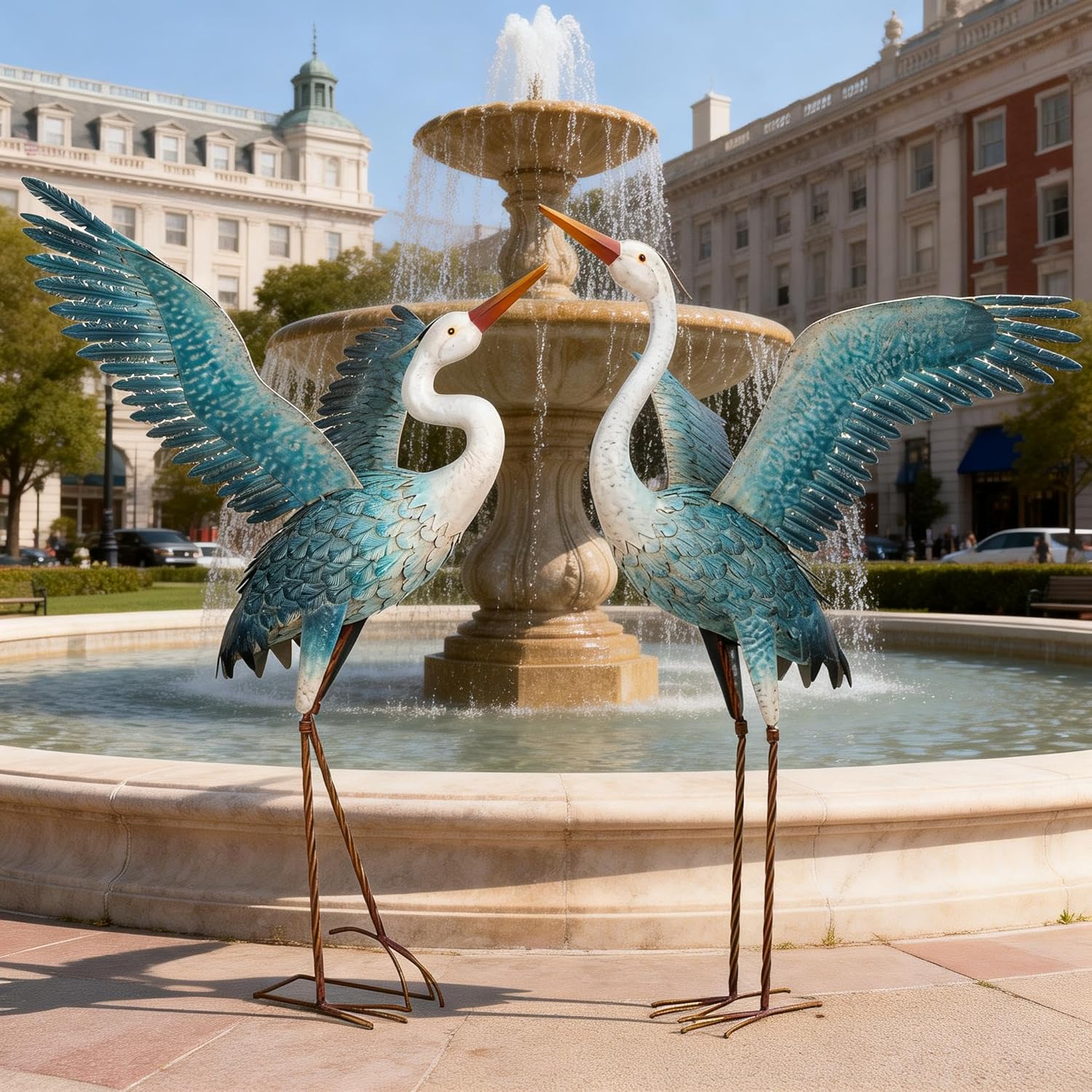 Two white and blue metal heron garden statues by chisheen, outdoor yard art sculpture, decorative bird figures for garden decor.