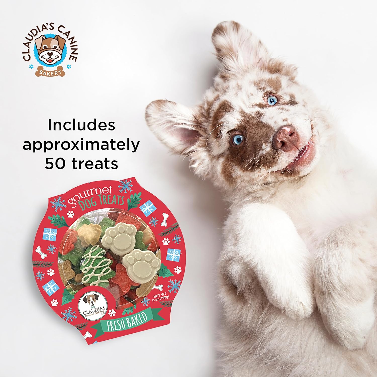 Santa Paws Classic Gourmet Dog Cookies by Claudia's Canine Bakery, vanilla-flavored Christmas treats for all dog breeds and sizes.