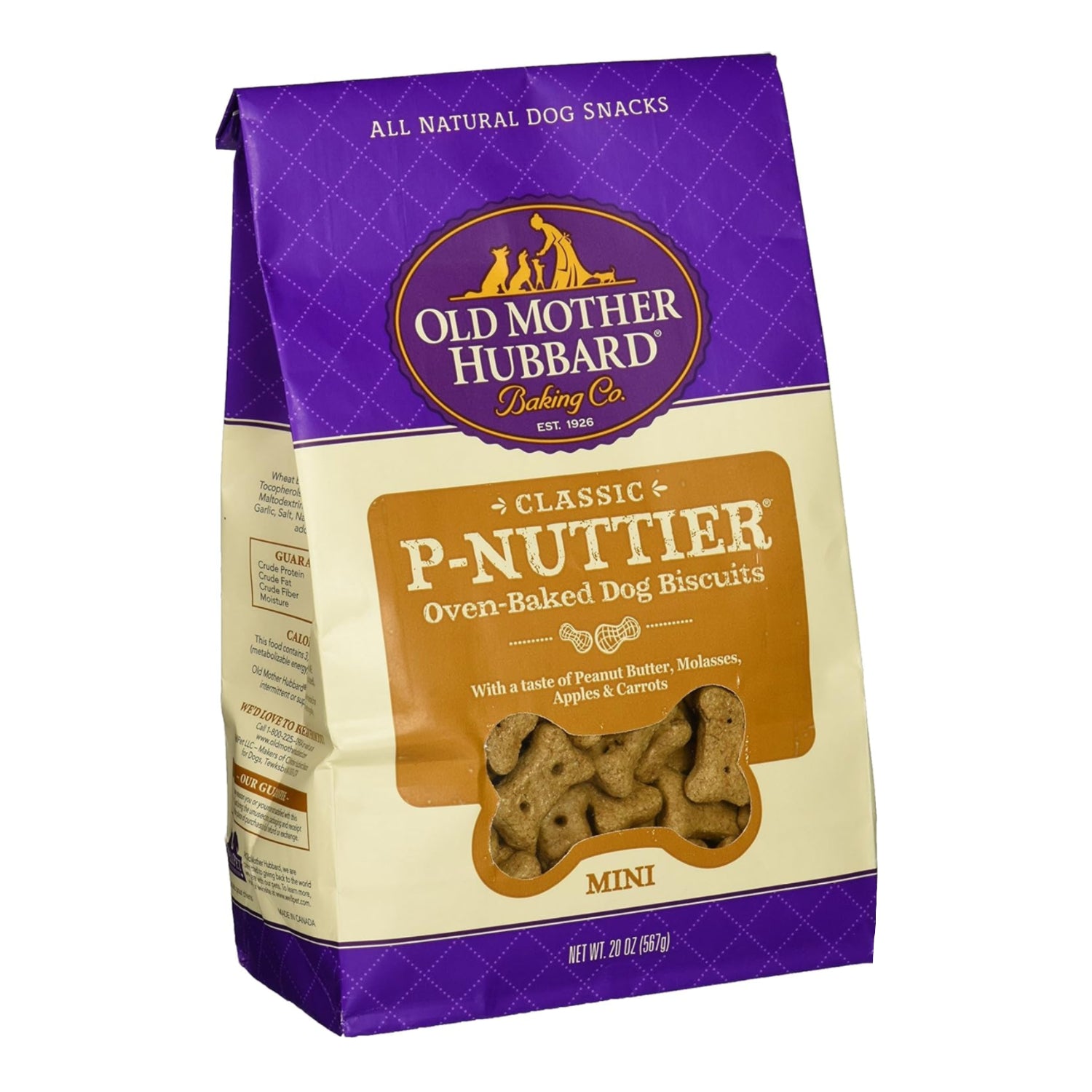 Wellpet 6-pack of Extra Tasty P-Nuttier Mini Biscuits for dogs, 20-ounce pack, showing golden, crunchy dog treats.