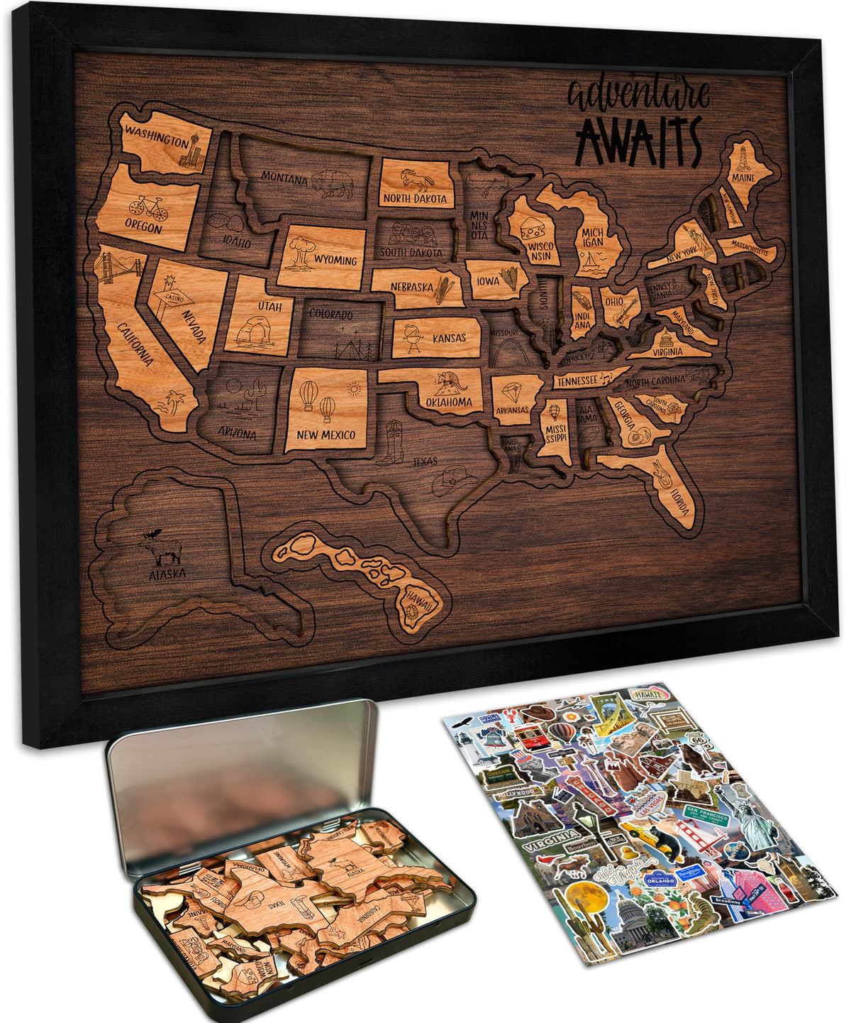flinelife USA Landmarks Travel Map 13x11 Wooden USA Map - flinelife Official Imagery - 2