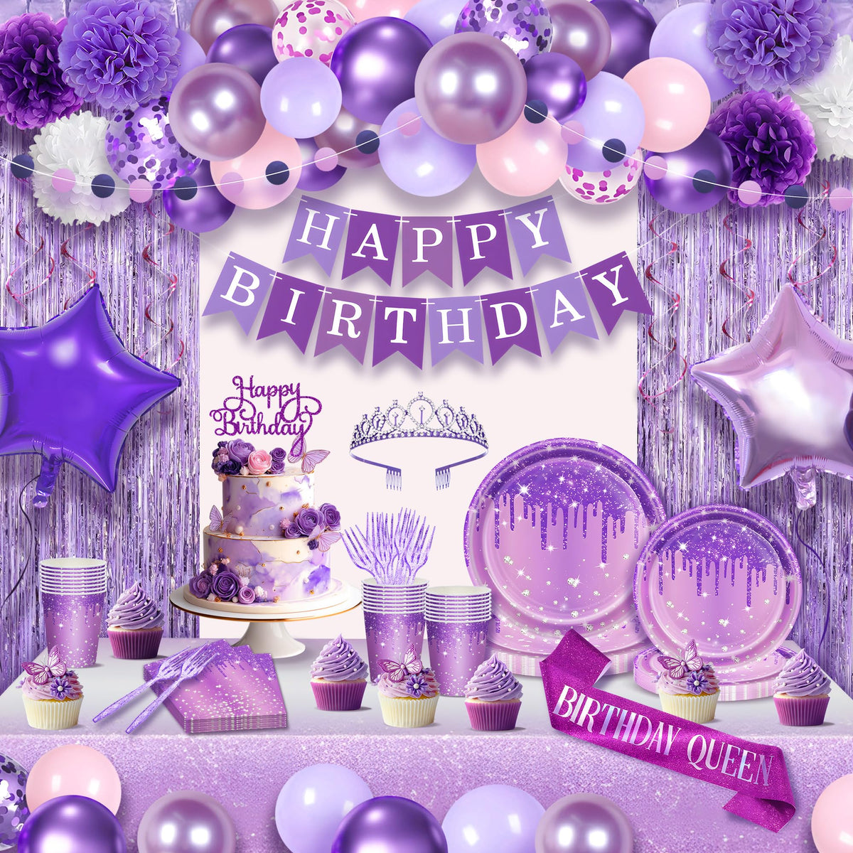 199 Pcs Purple Birthday Party Decorations For Women Happy - Party Spot! Official Imagery - 1