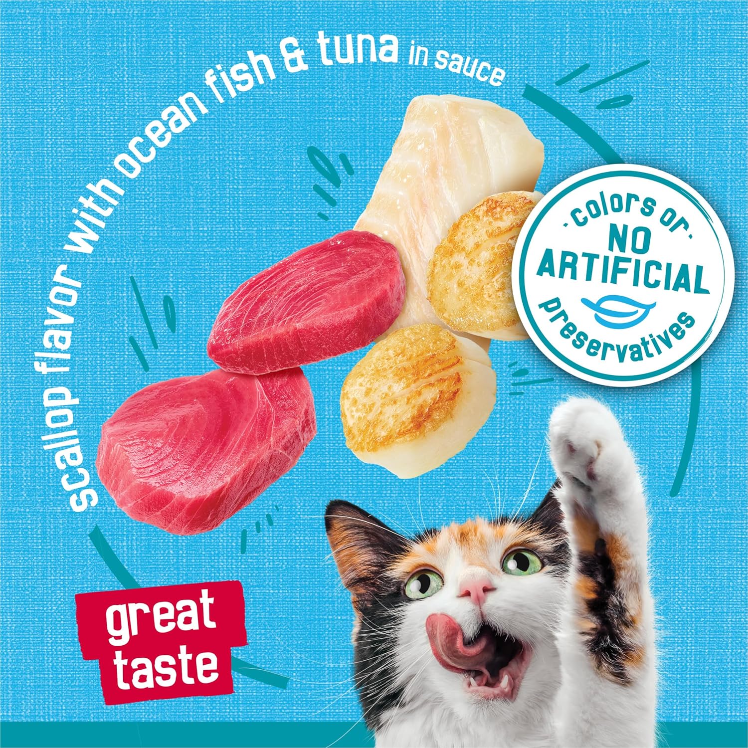 Cans of Friskies Tasty Treasures wet cat food with ocean fish and tuna in scallop-flavored sauce, 24-pack, 5.5 oz cans