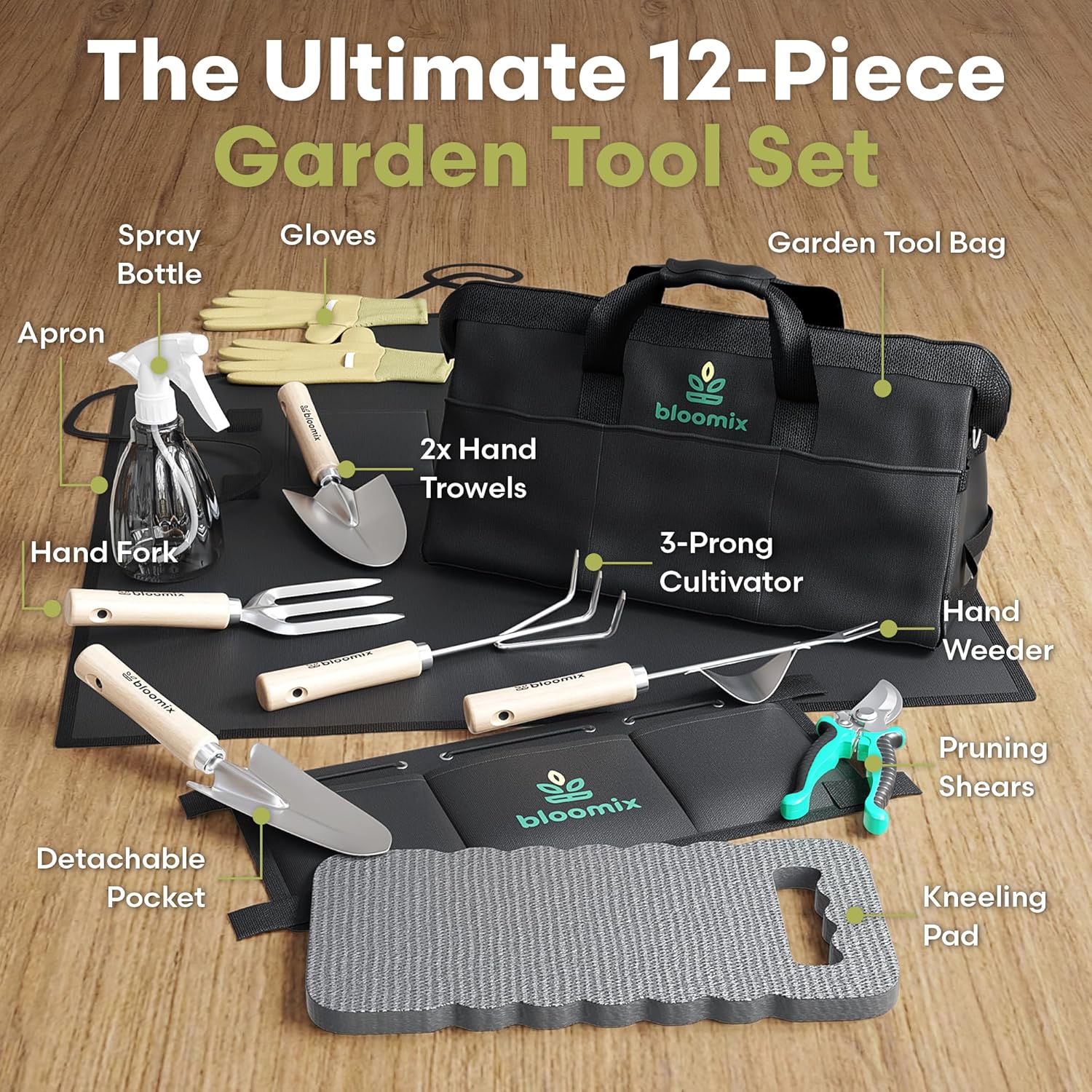 Bloomix 12-piece gardening tools set with heavy-duty tools and tool bag, including trowel, pruners, and gardening gloves.