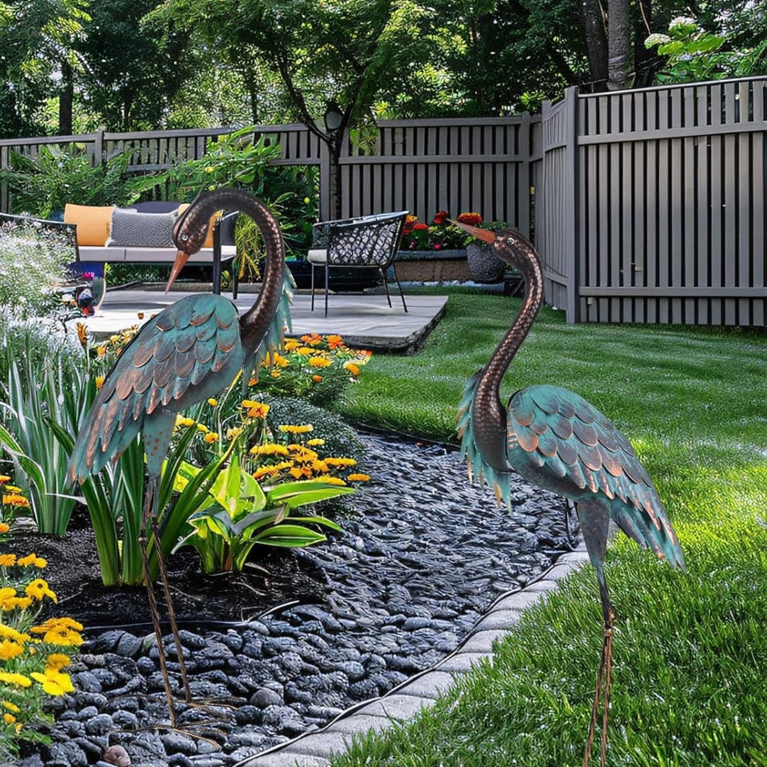 YEAHOME outdoor garden decor with two large metal heron statues, 40 and 37 inches tall, standing in a garden setting