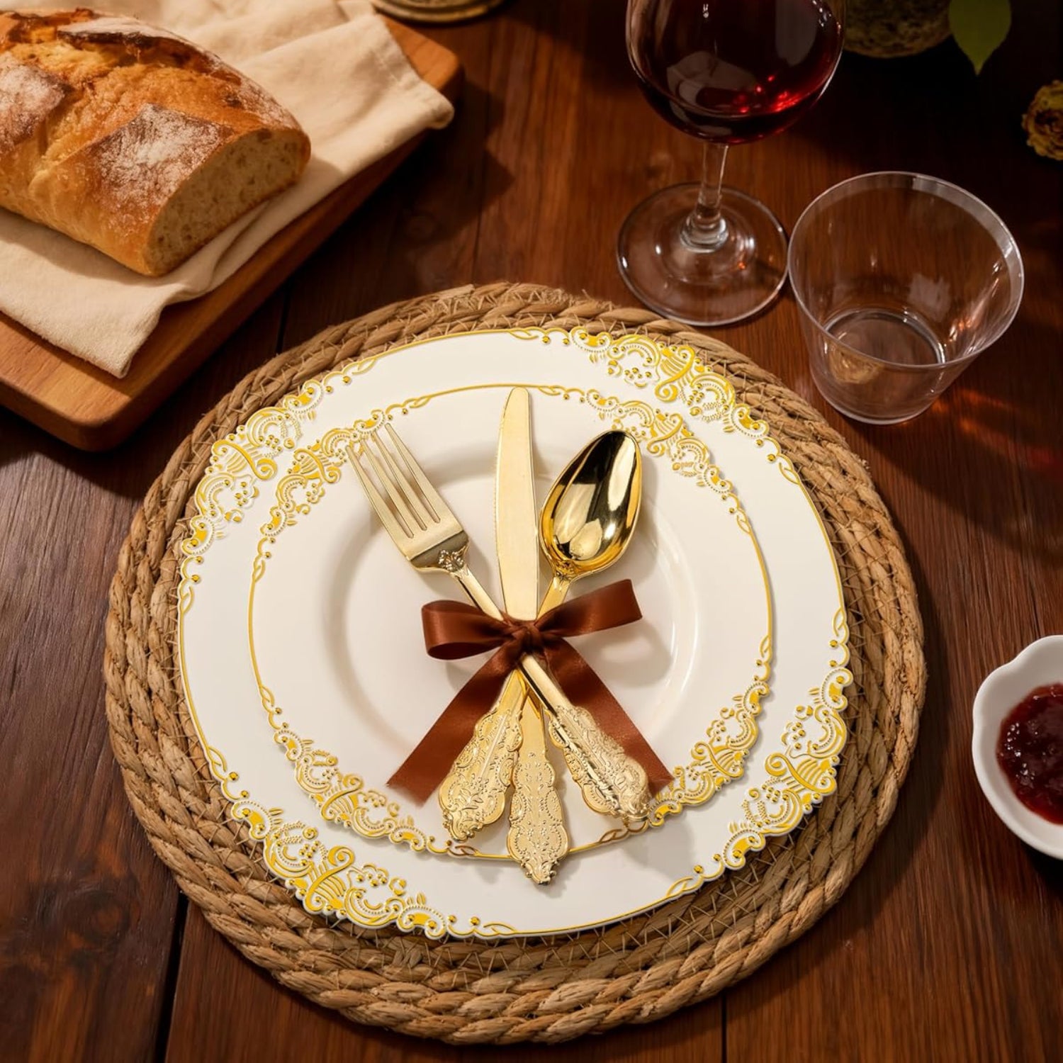 Nervure 350-piece ivory plastic dinnerware set with gold accents, includes plates for 50 guests, ideal for parties and gatherings.