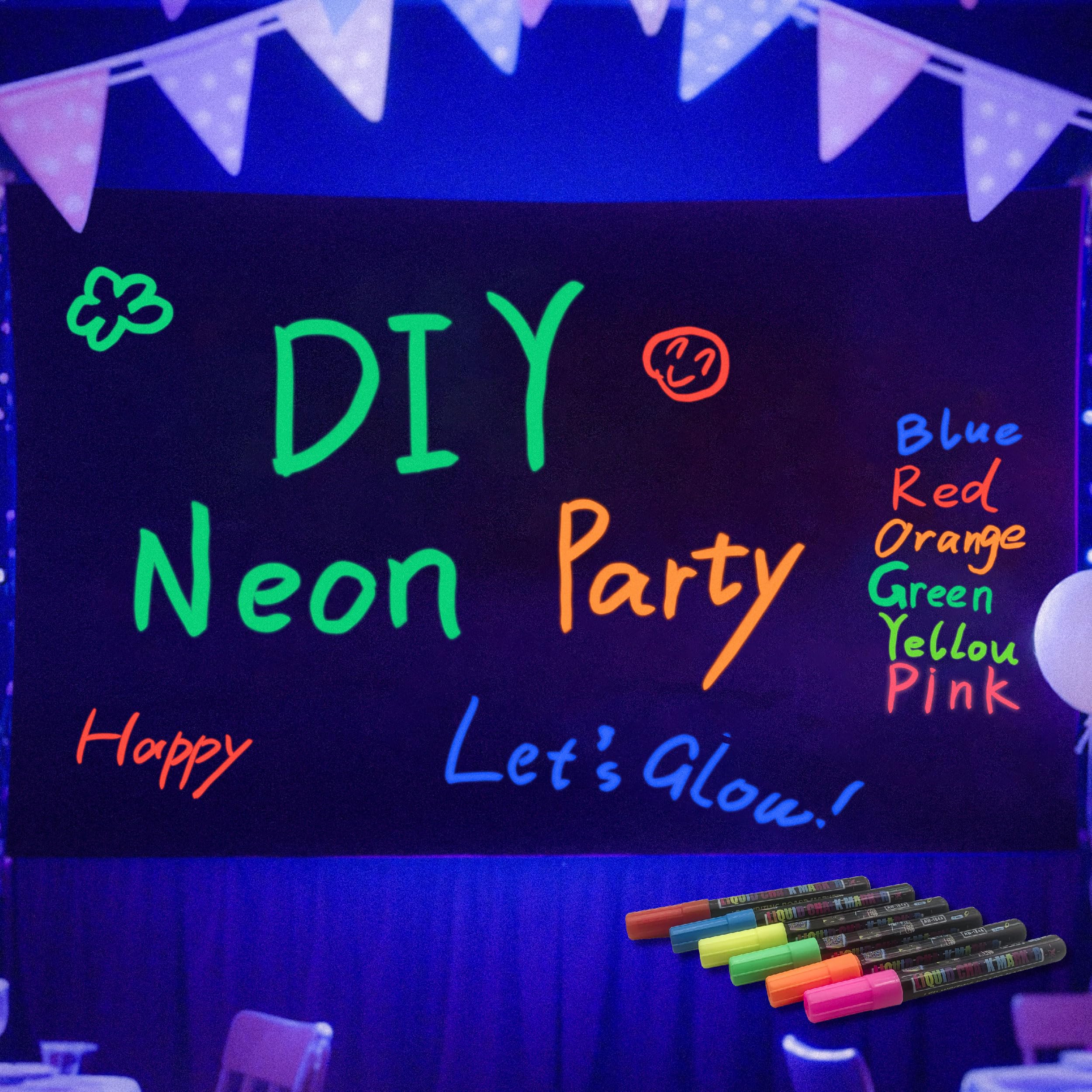 UV Neon Photography Background with 6 Fluorescent Colored Pens - Product Imagery
