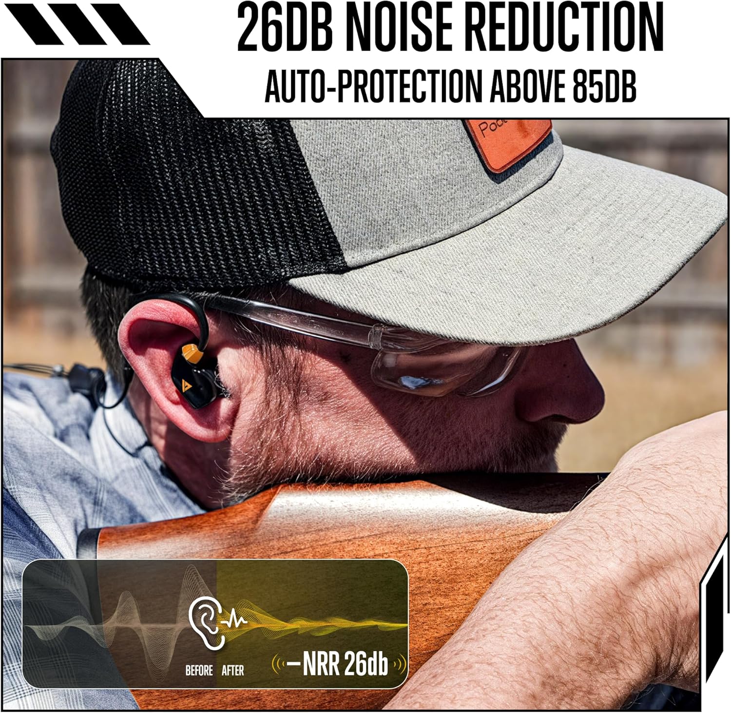 Black and safety orange GLORYFIRE Bluetooth shooting ear protection earplugs with noise-canceling design for firearm safety