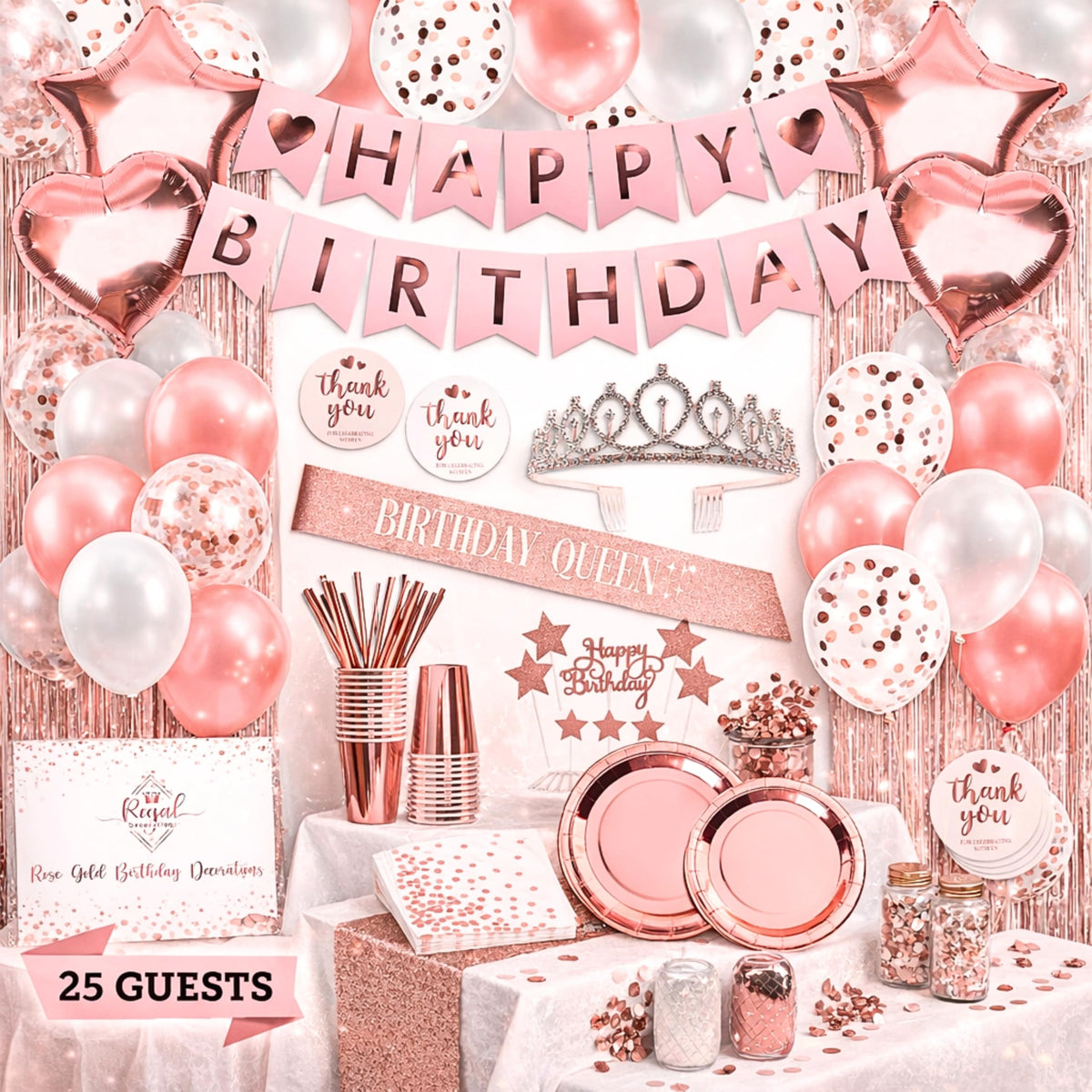 225 PC Rose Gold Birthday Party Decorations Kit for Girls - REGAL DECORATIONS Official Imagery - 1