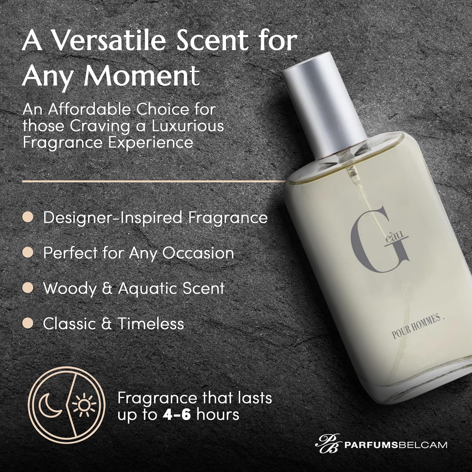 PB ParfumsBelcam G Eau de Toilette spray for men, 3.4 fl oz, featuring a sleek glass bottle with a silver cap and fresh fragrance.
