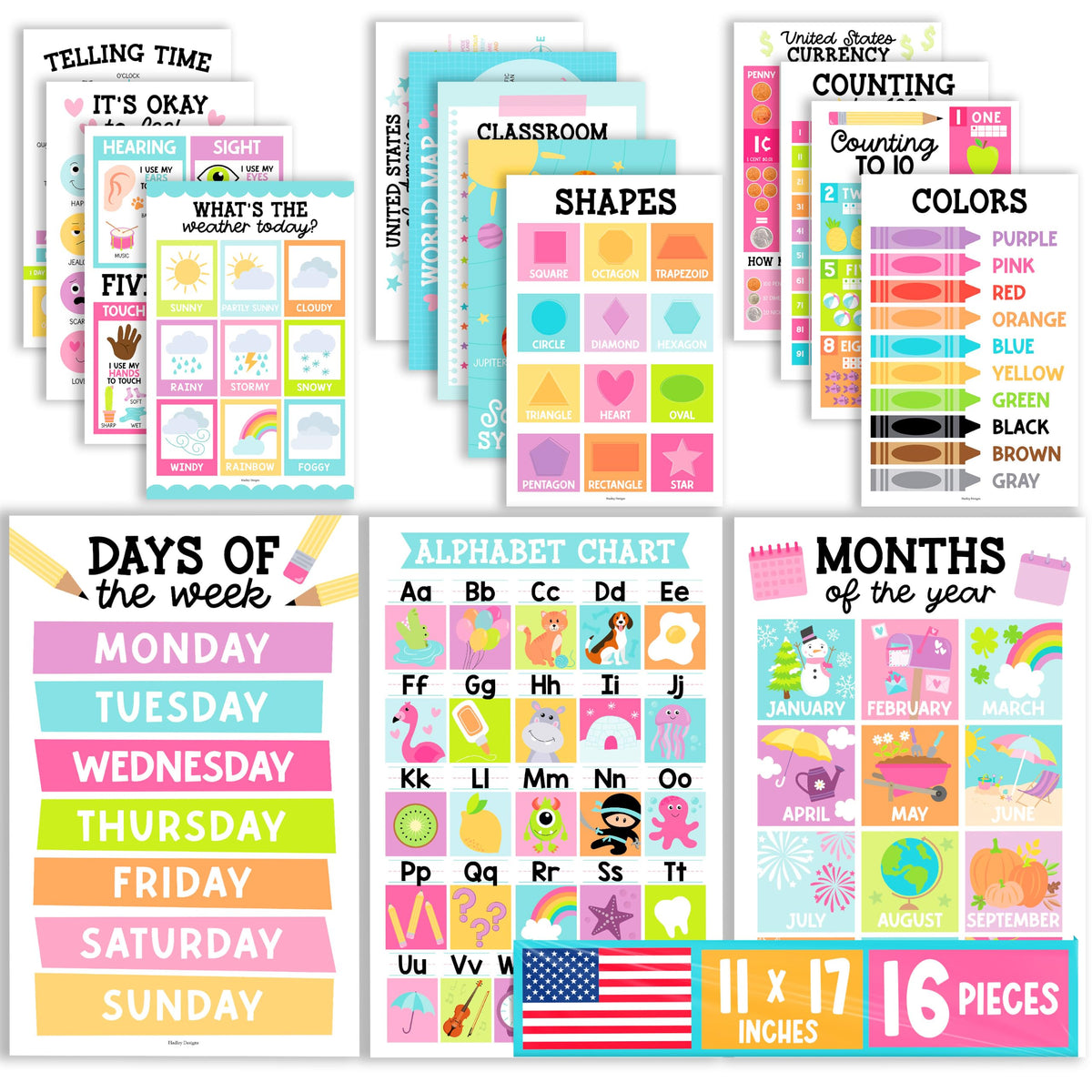 16 Laminated Toddler Learning Posters 1 3 for Preschool - Hadley Designs Official Imagery - 1