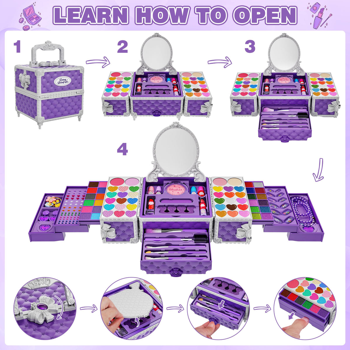 99 Pcs Kids Makeup Kit for Girls Princess Toys Real Washable - Kuovei Official Imagery - 5