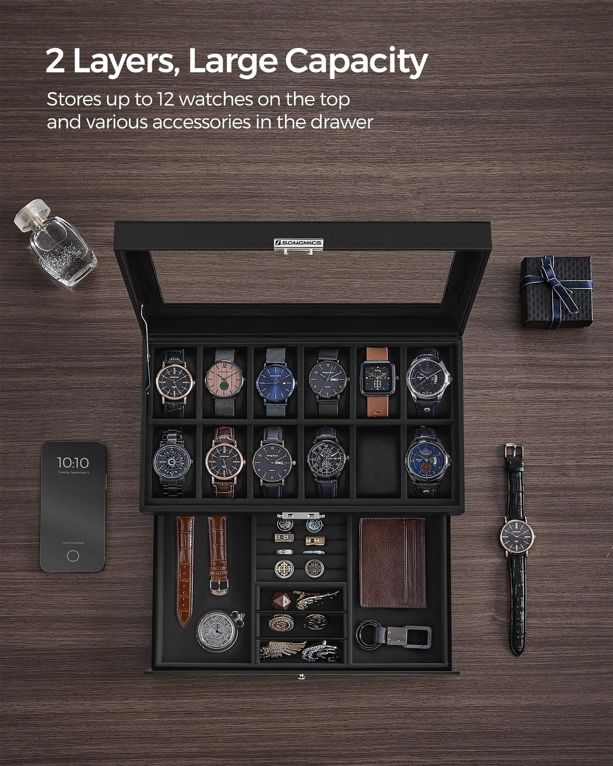 SONGMICS 12 Slot Watch Box Lockable with Glass Lid 2 Layers - SONGMICS Official Imagery - 6