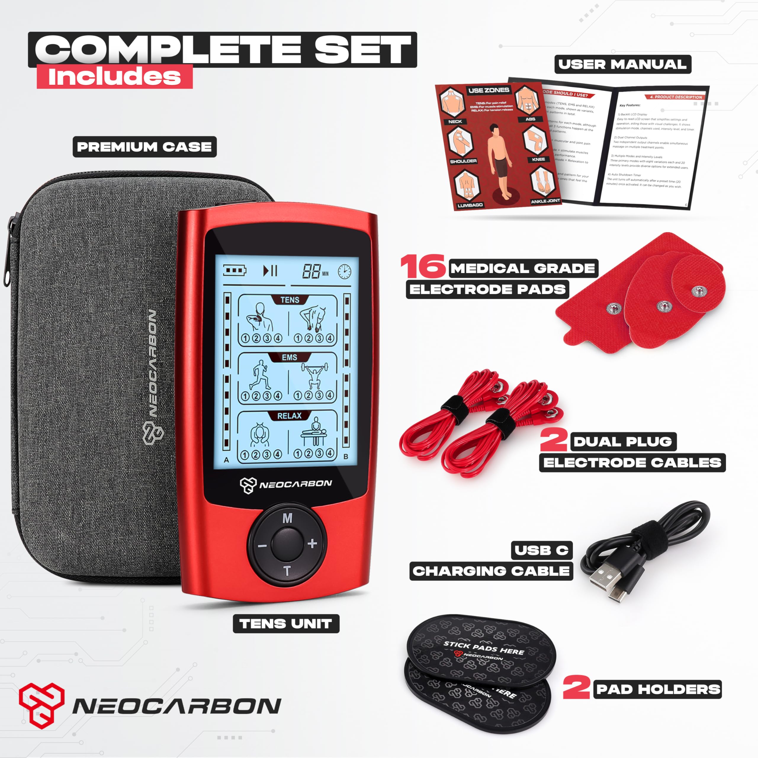 Neocarbon TENS Unit Muscle Stimulator – Red (24 Modes)