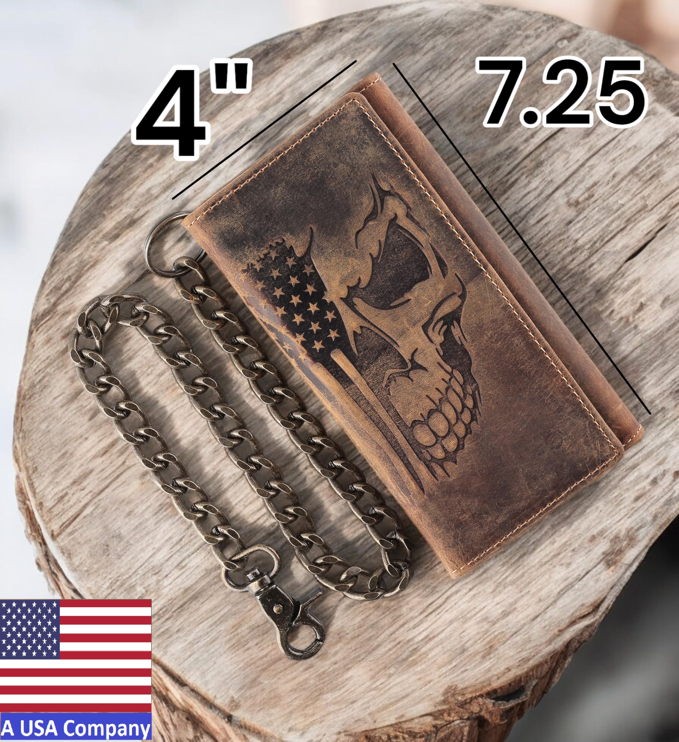 F&L CLASSIC RFID Blocking Mens Tri-fold Long Style Cowhide Leather Steel Chain Wallet,brown flag/skull,212-103