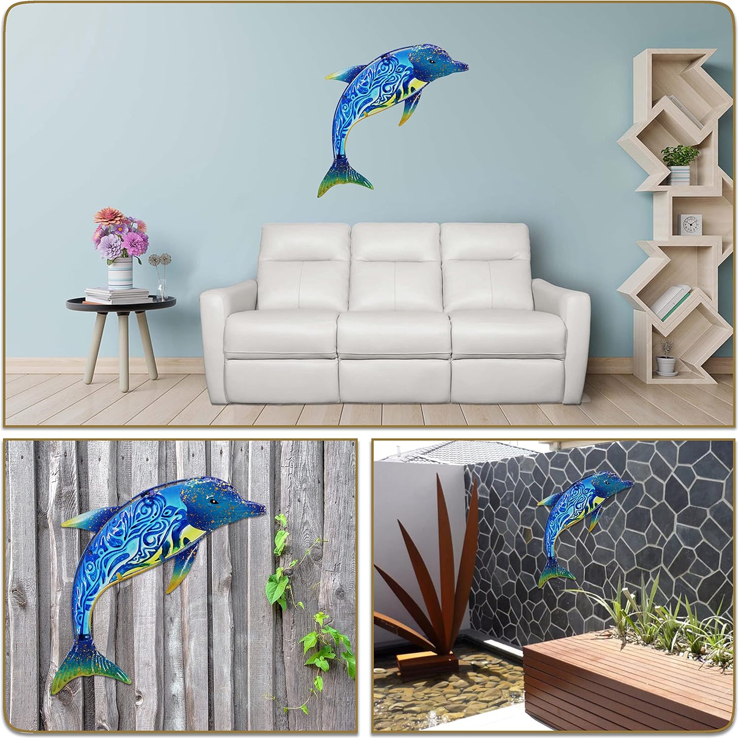 John's Studio dolphin wall decor outdoor metal fish sea hanging art with colorful glass accents