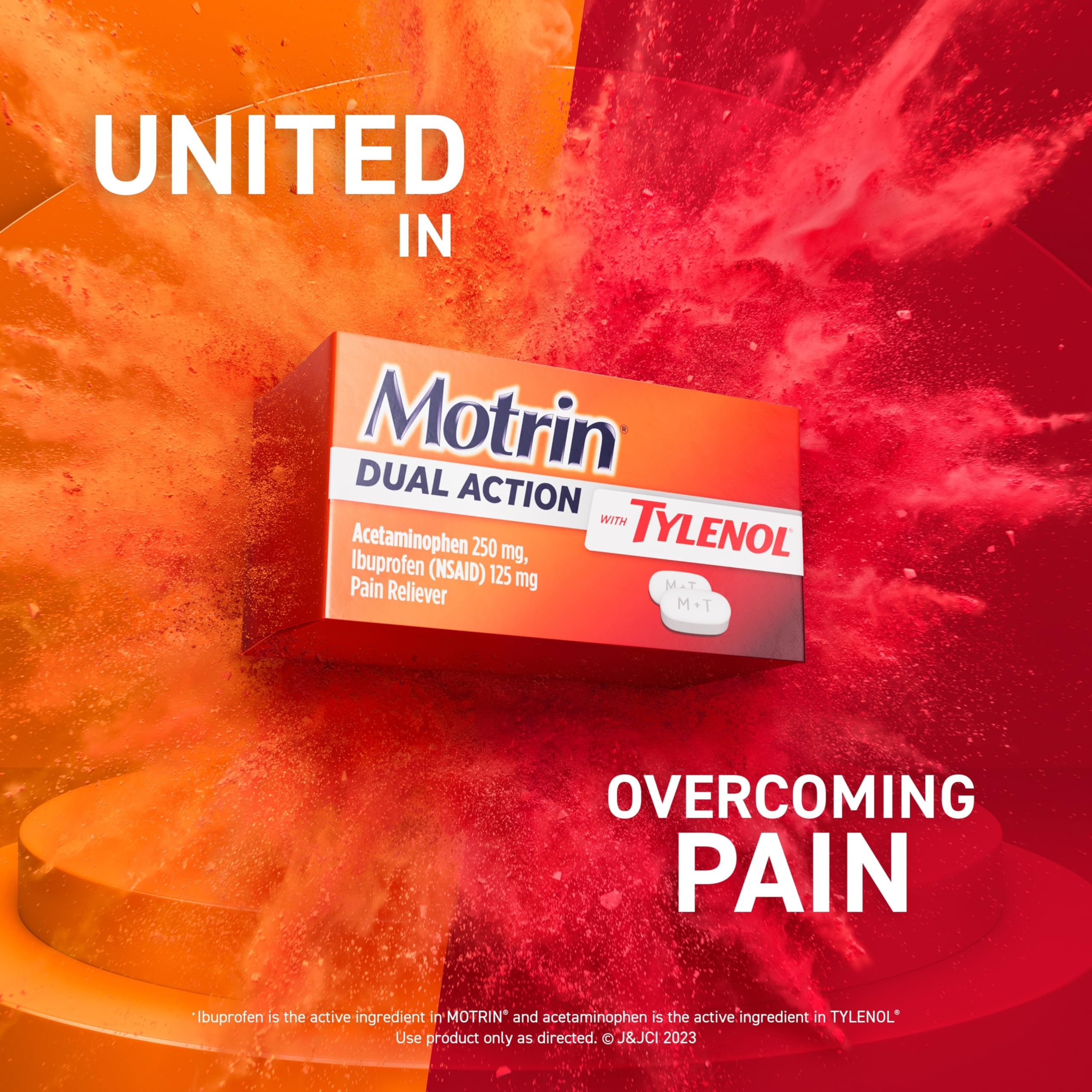 Motrin Dual Action medication box with 80 tablets, featuring Tylenol for pain relief, displayed on a white background.