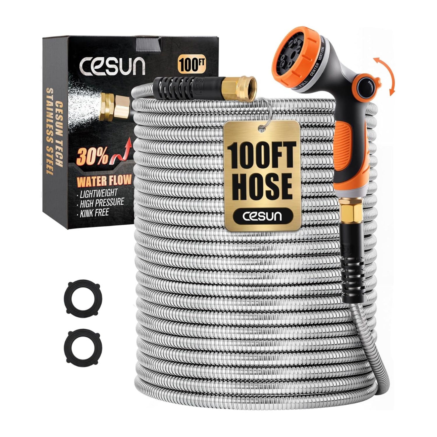 Cesun 100 ft metal garden hose made of stainless steel, heavy-duty water hose with 5/8-inch diameter, coiled on a reel.