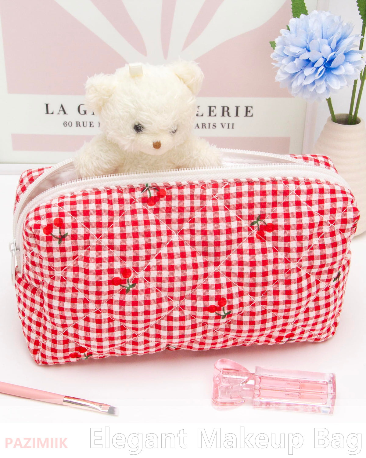 Small Quilted Makeup Bag Zipper Cosmetic Pouch Gingham Red - PAZIMIIK Official Imagery - 3