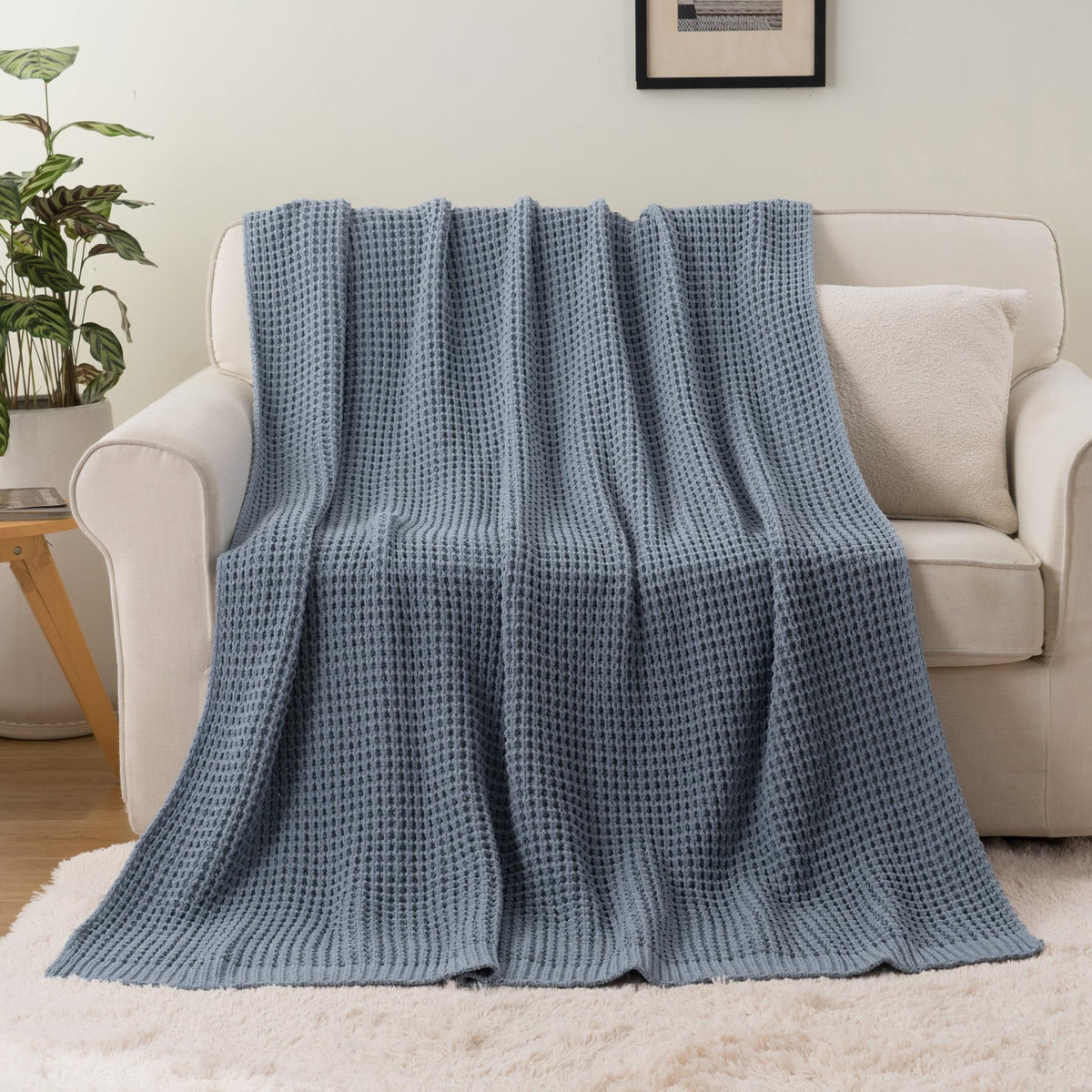 Blue Grey Throw Blanket for Couch Waffle Knitted Throw - Bunnikins & Clover Official Imagery - 5