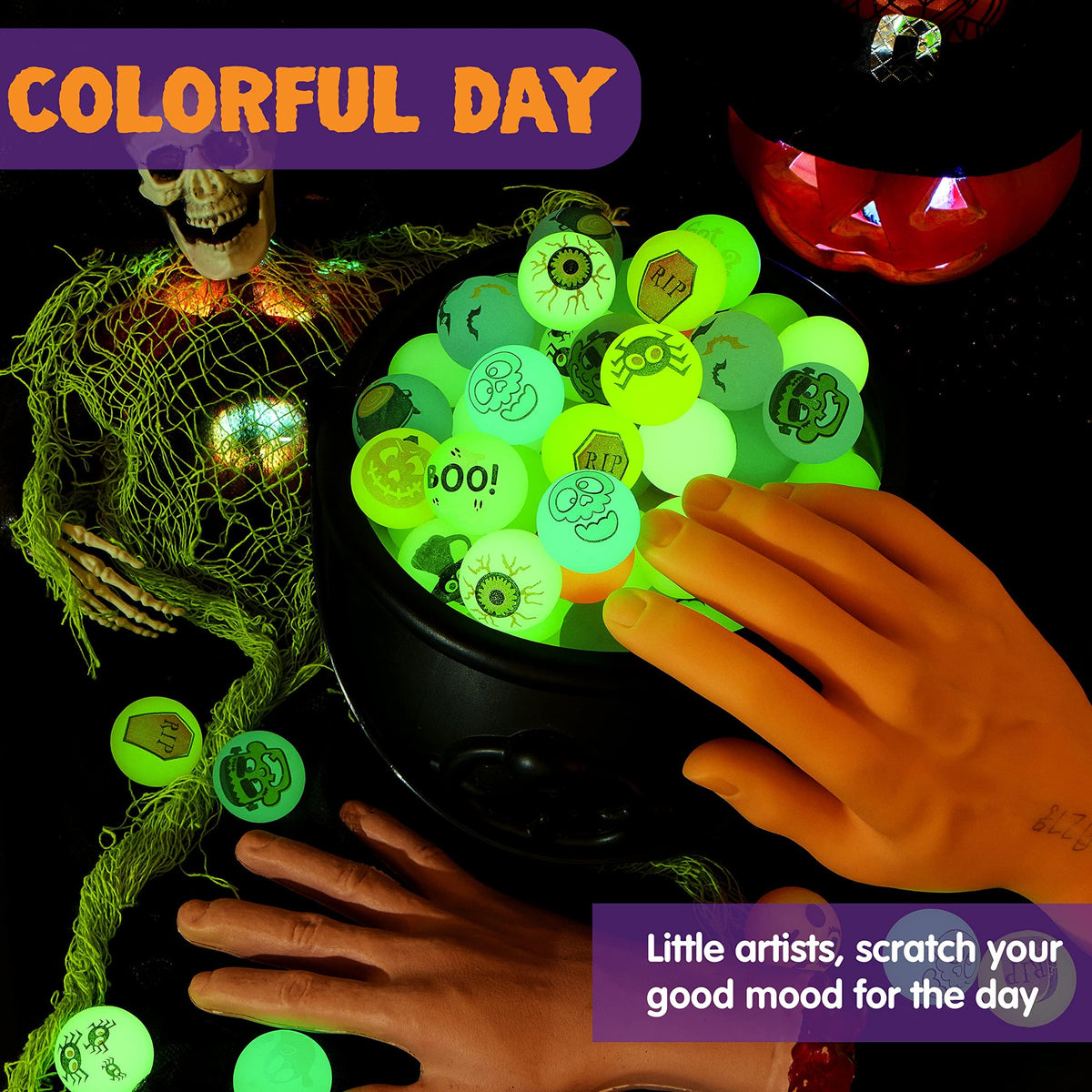 JOYIN 100 PCS Halloween Glow in The Dark Bouncing Balls 20 - JOYIN Official Imagery - 6