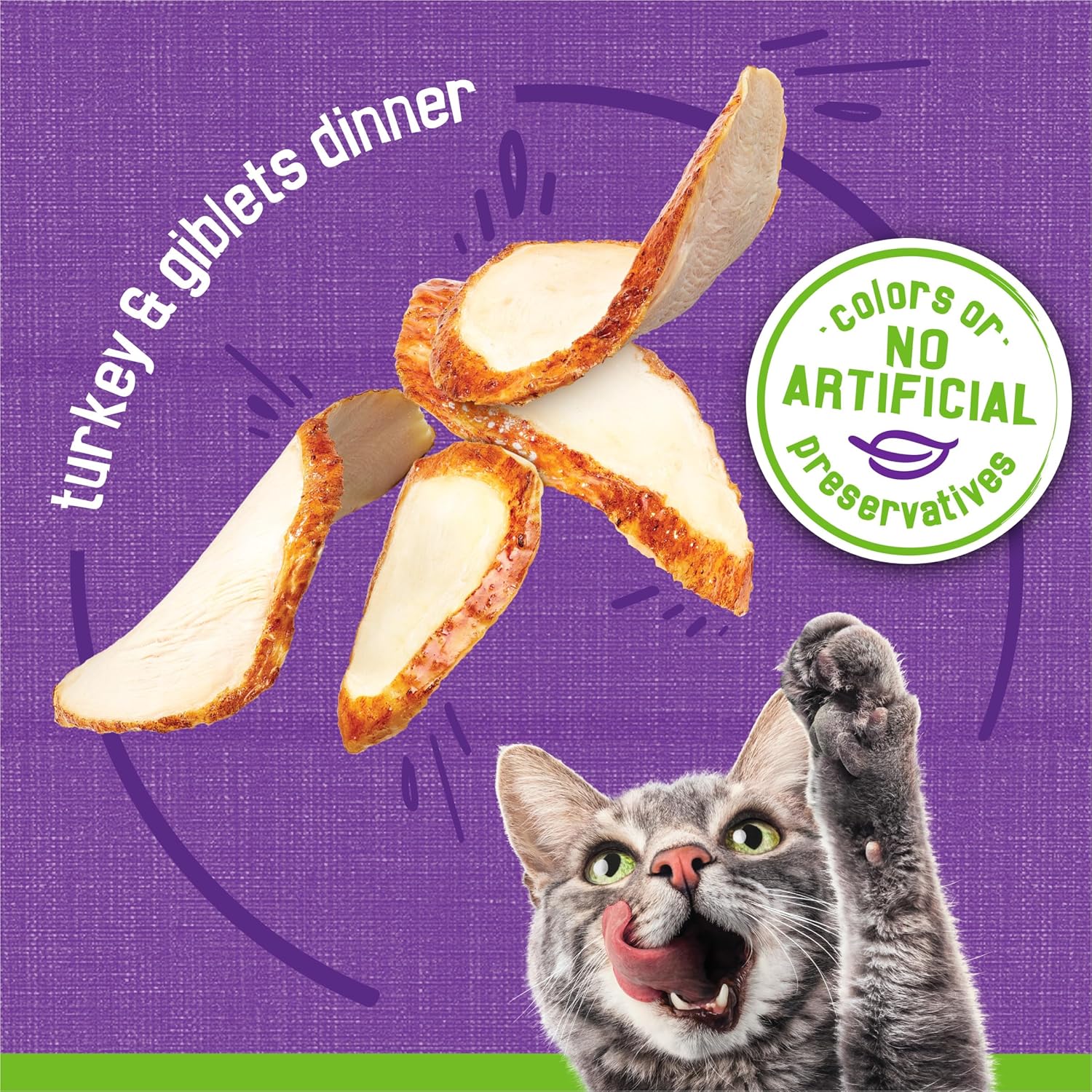 Cans of Purina Friskies Wet Cat Food Pate Turkey and Giblets Dinner in 5.5 oz. cans, pack of 24, with labels showing turkey and giblets images.