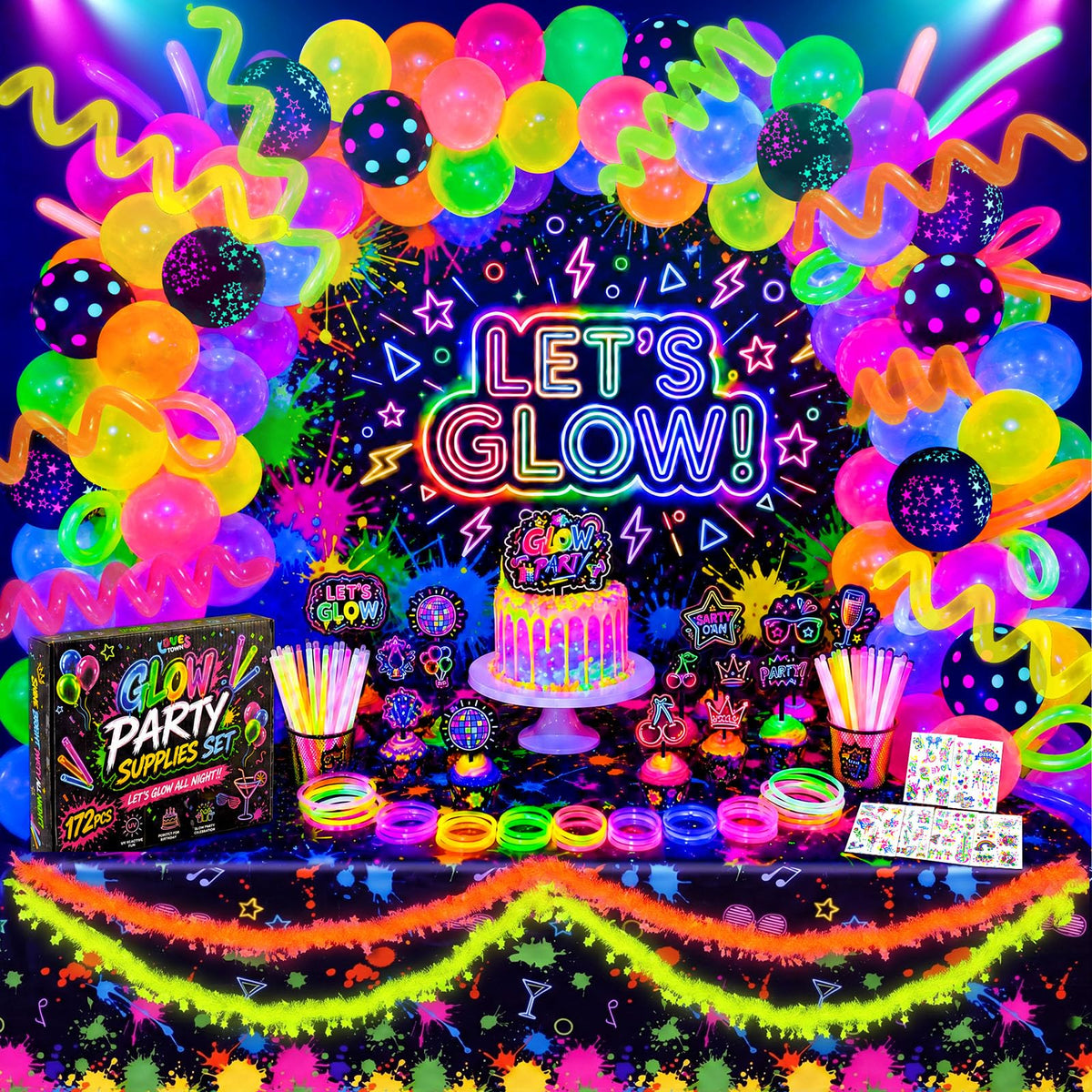 LovesTown 192PCS Glow in The Dark Party Decorations Kit with - LovesTown Official Imagery - 1