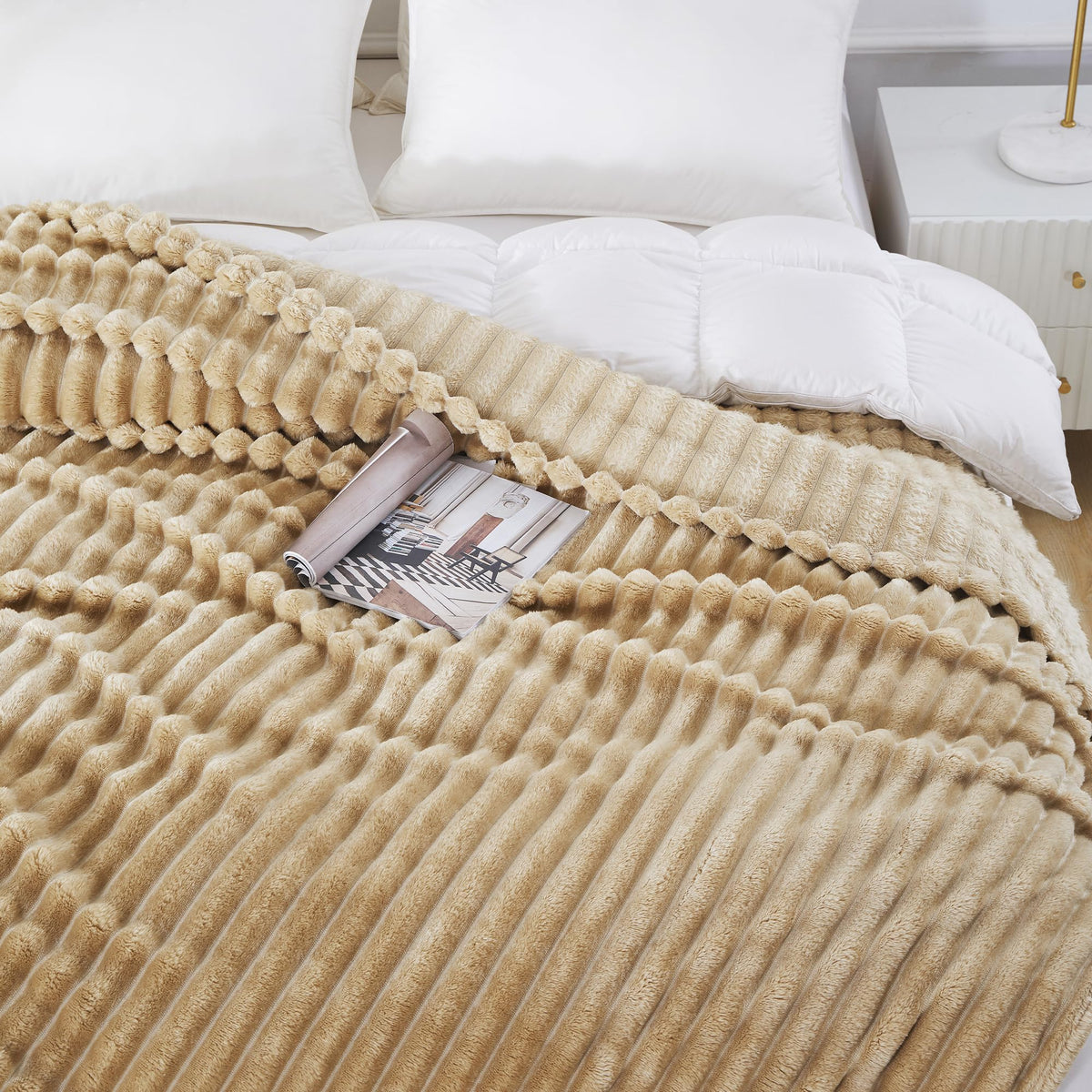 Taliska Ribbed Fleece Throw Blanket for Couch Bed Khaki 60 - Taliska Official Imagery - 5