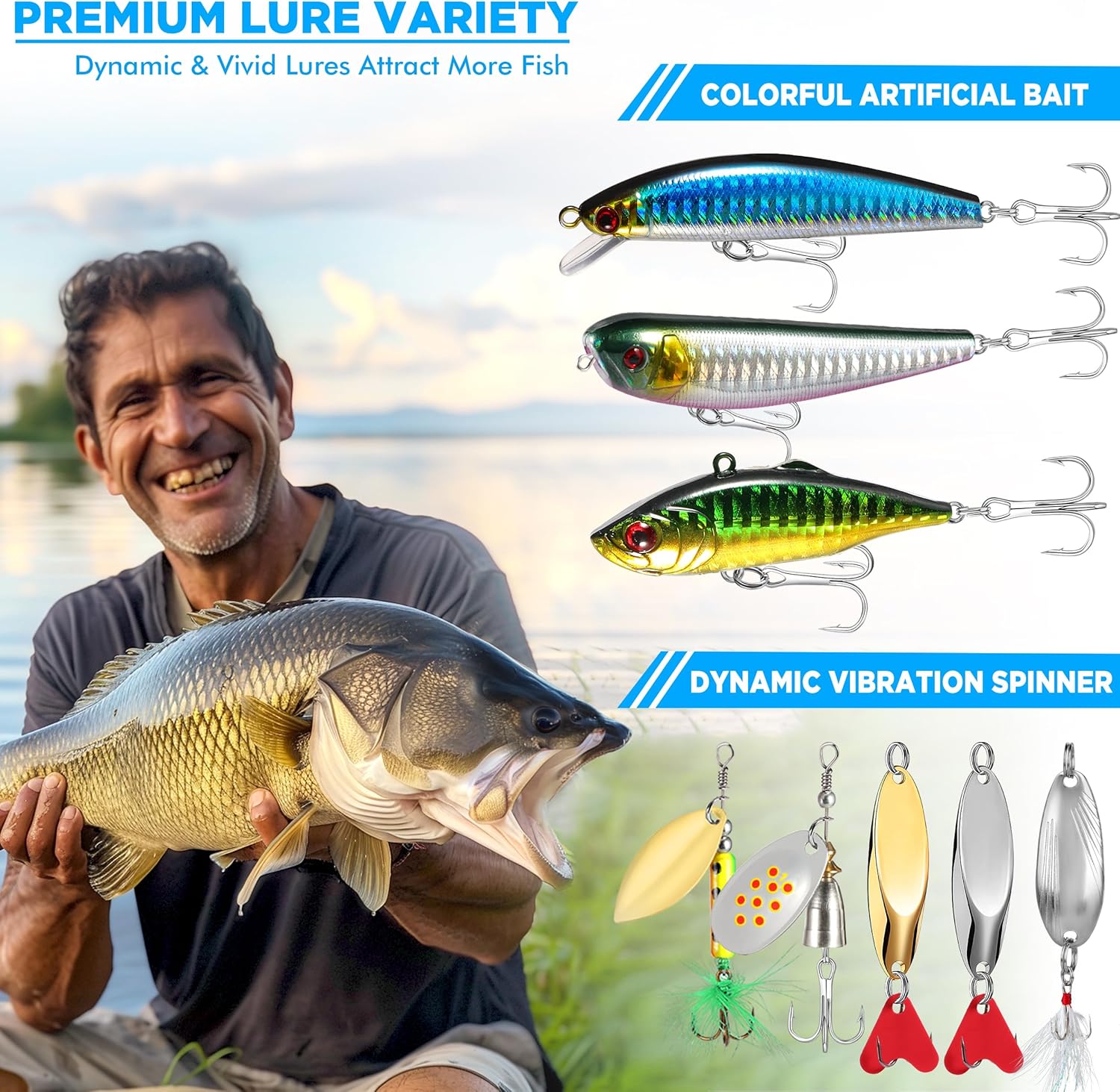 PLUSINNO fishing lures set with 137 tackle box including crankbaits, spoons, and hooks for freshwater and saltwater fishing.