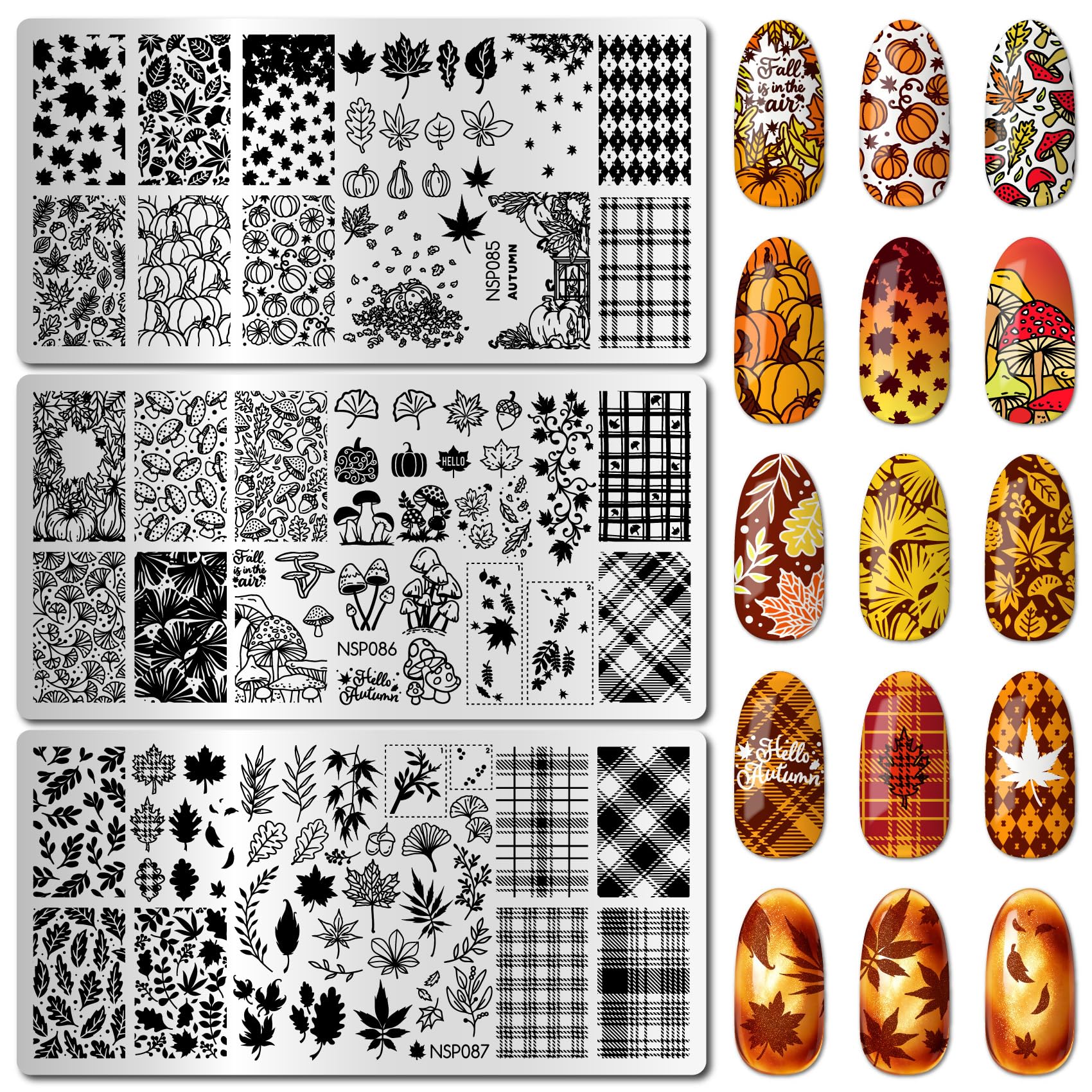 Arbuya Fall Nail Stamping Plates Set of 3 - Pumpkin, Mushroom, Maple, Ginkgo, Oak Leaves & Checkered Backgrounds for Autumn Nail Art for DIY Nail Art Manicure Salon Supply