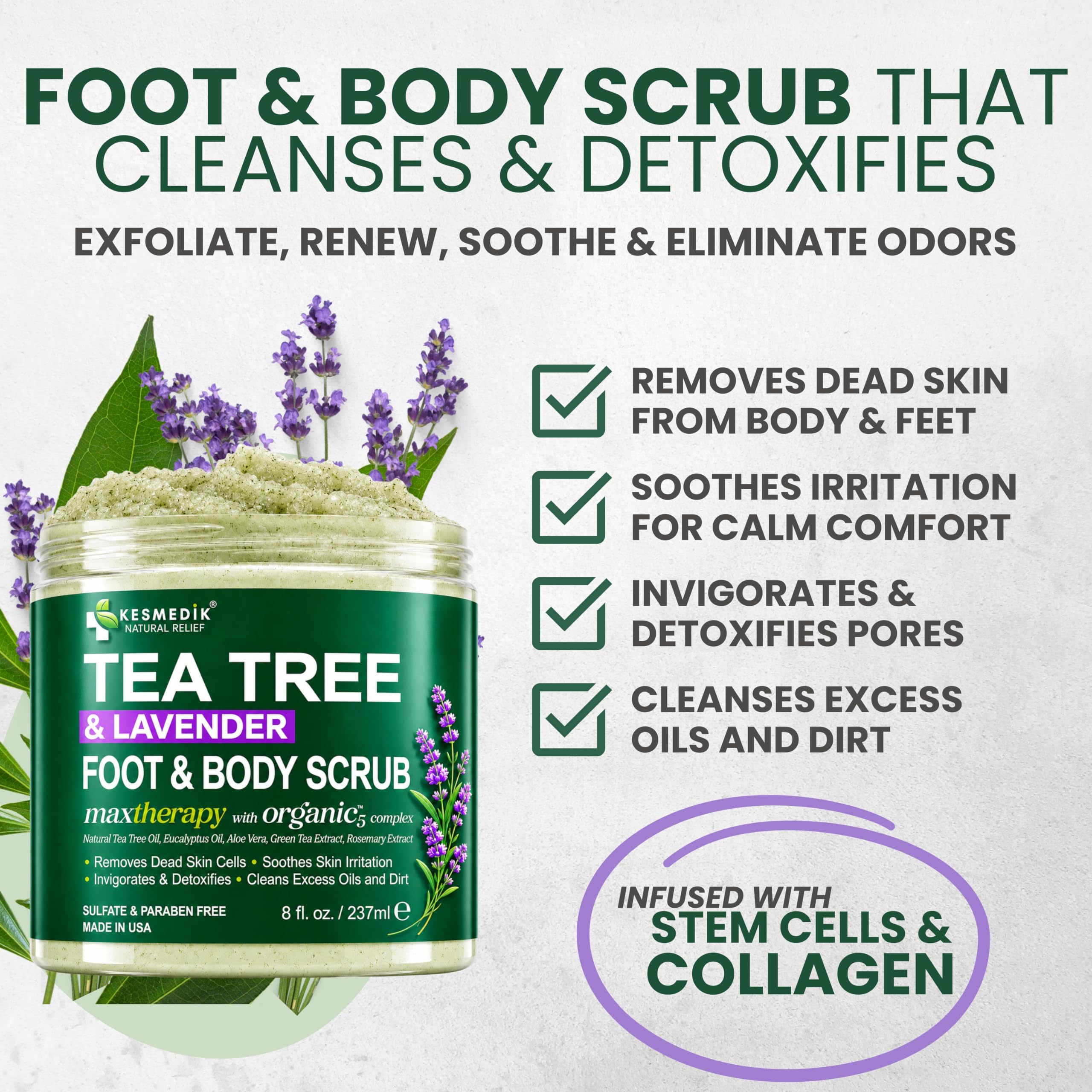 KESMEDIK Tea Tree Oil Foot & Body Scrub with Himalayan Salt & Shea Butter - KESMEDIK Official Product View 3