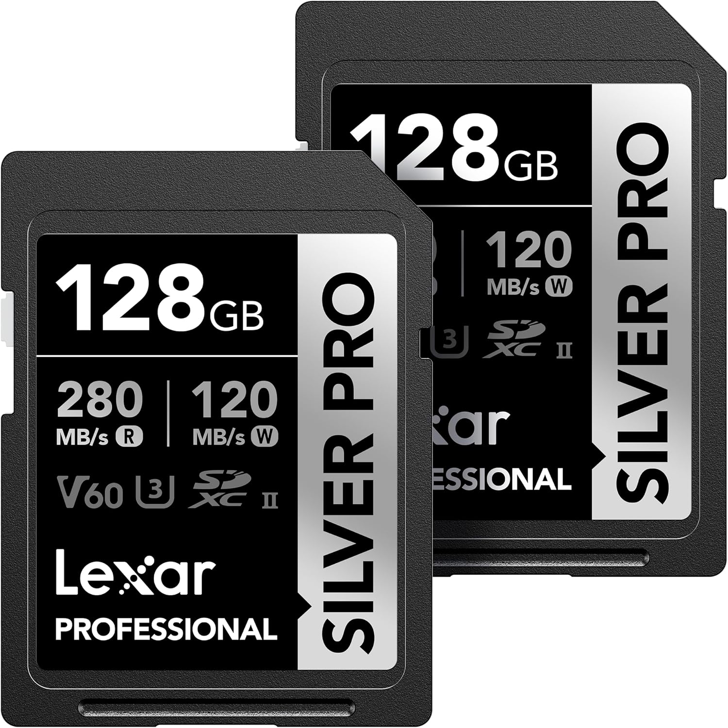 Lexar 128GB Professional SILVER PRO SD card with UHS-II, C10, U3, V60 speed class, designed for high-performance Full HD recording.