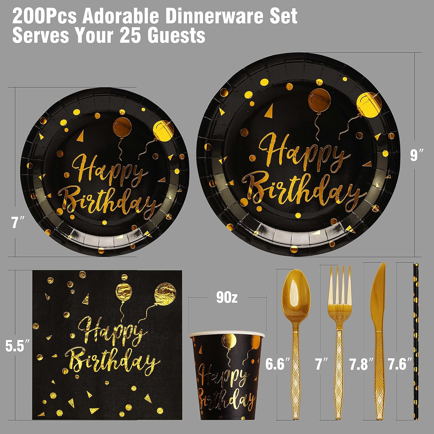 Set of 200 black and gold birthday party supplies for 25 guests, including plates, cups, and napkins from VYLURIXX.