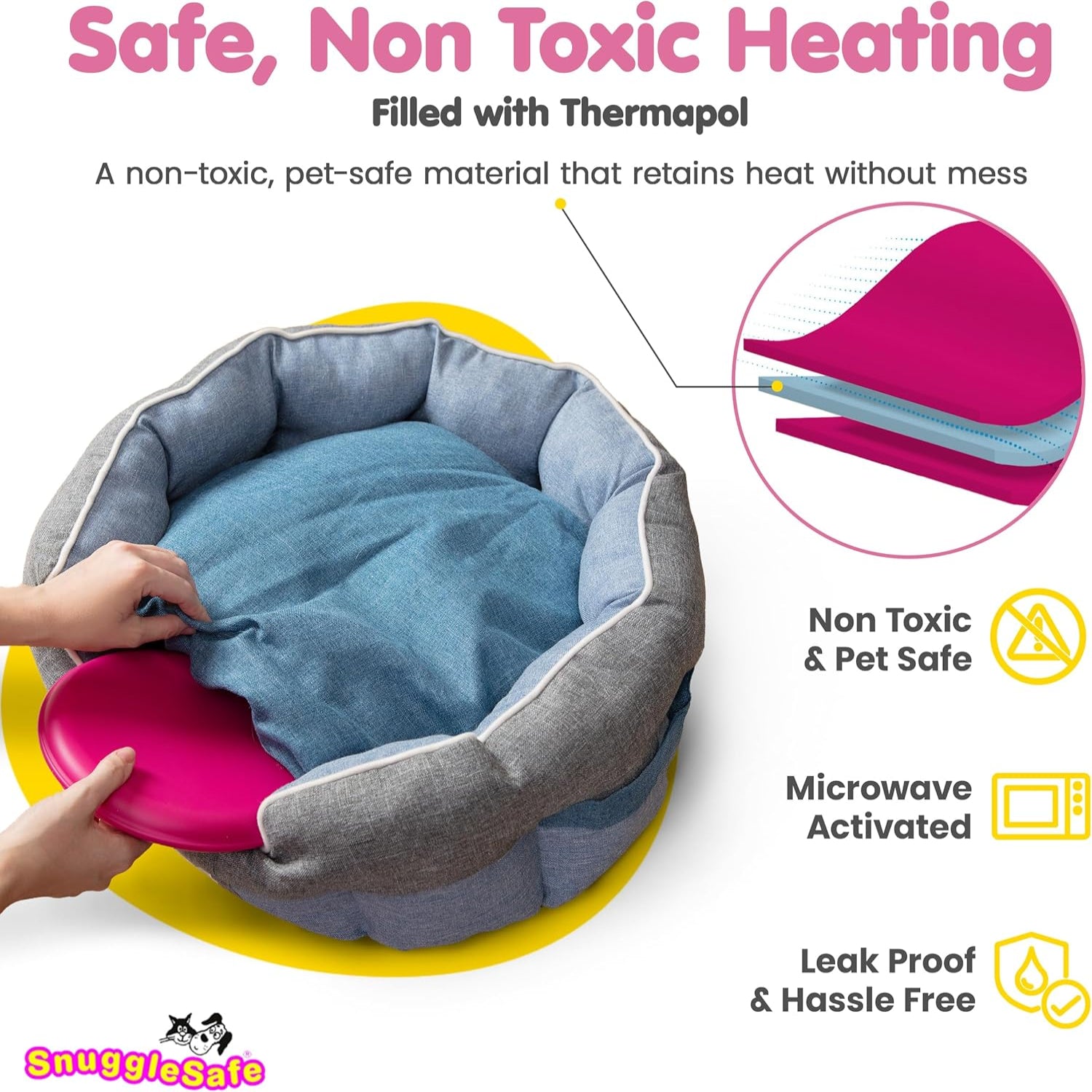 SnuggleSafe Original microwave pet heat pad by Snugglesafe, chew-proof and circular with a soft fabric cover for pets.