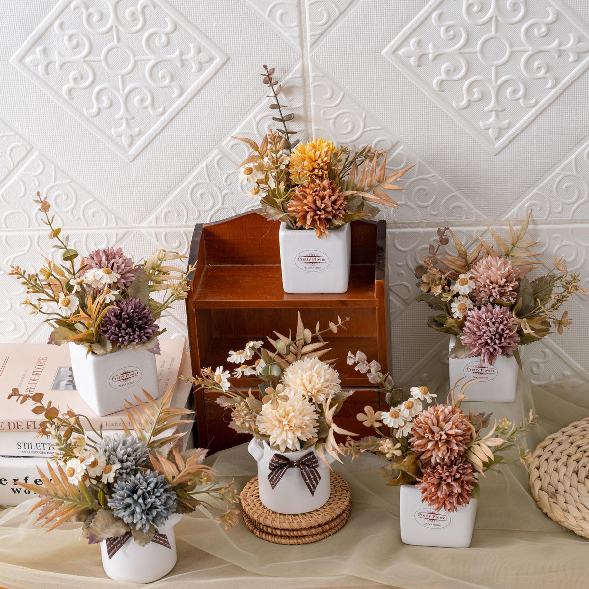 LUEUR 6PCS Artificial Fall Flowers with Ceramic Vase - LUEUR Official Imagery - 2