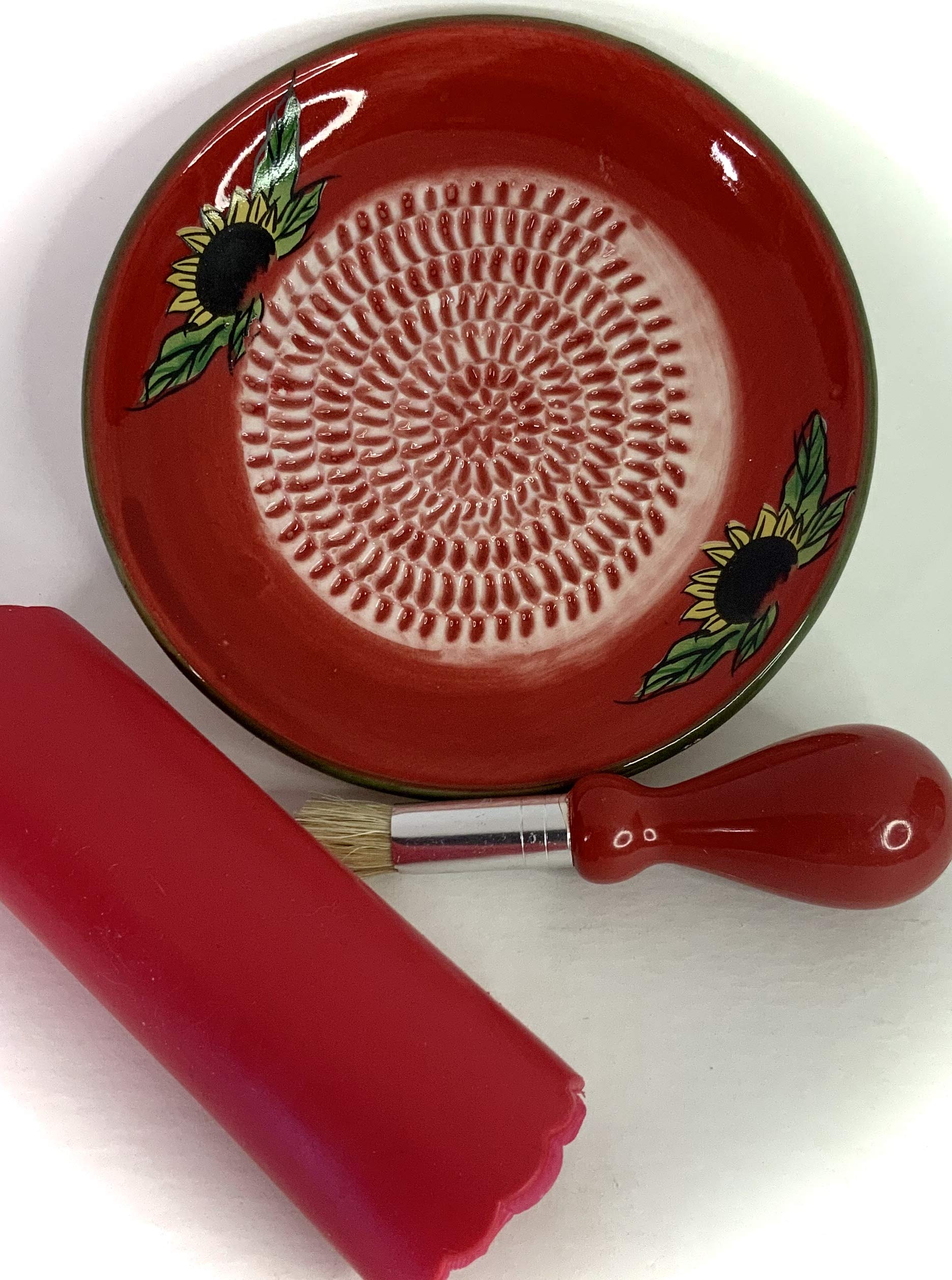 Premium Ceramic Garlic Grater Plate Set - Red Sunflower - Product Imagery