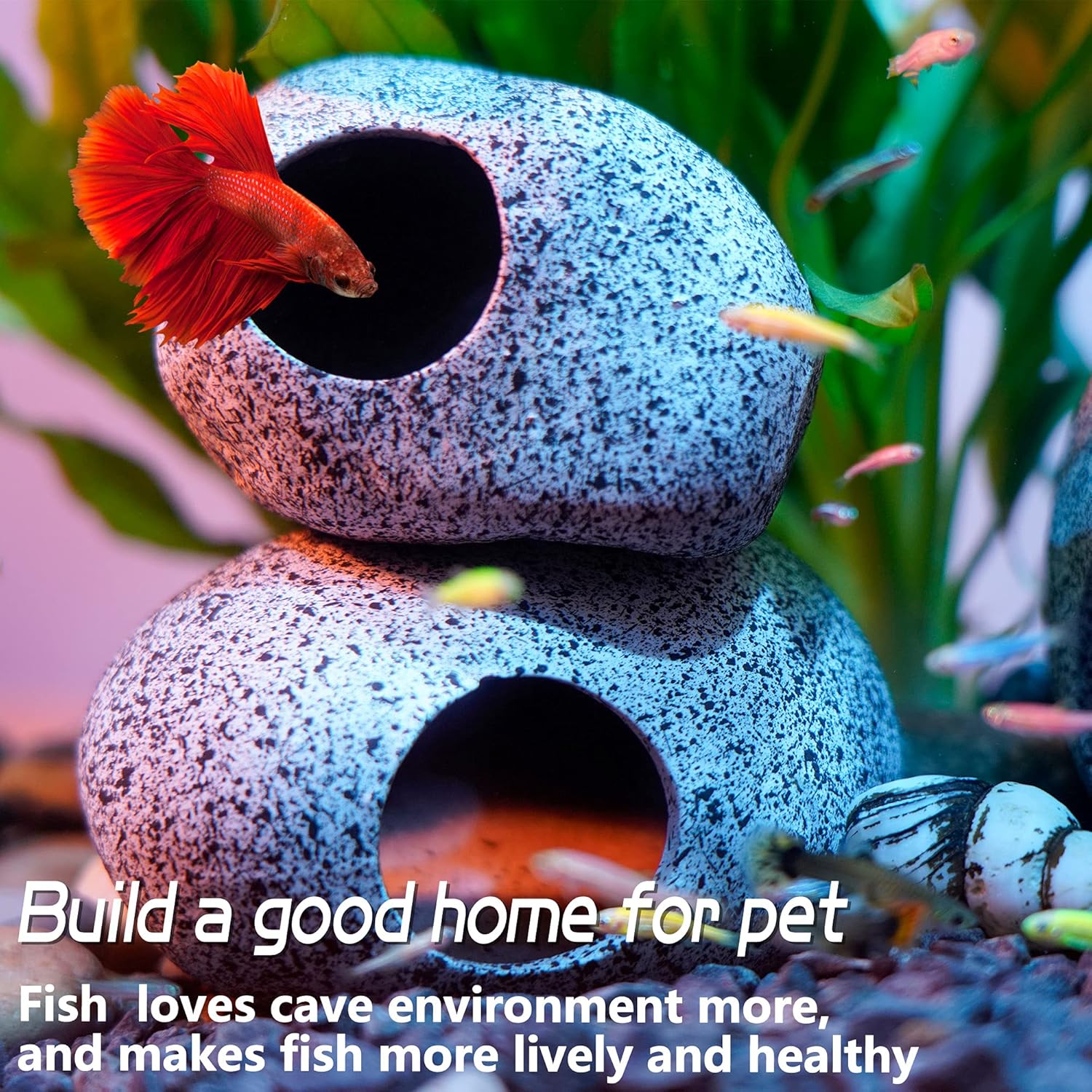 Ameliade aquarium cave decoration with rock design for fish tank, suitable for shrimp and aquatic pets.