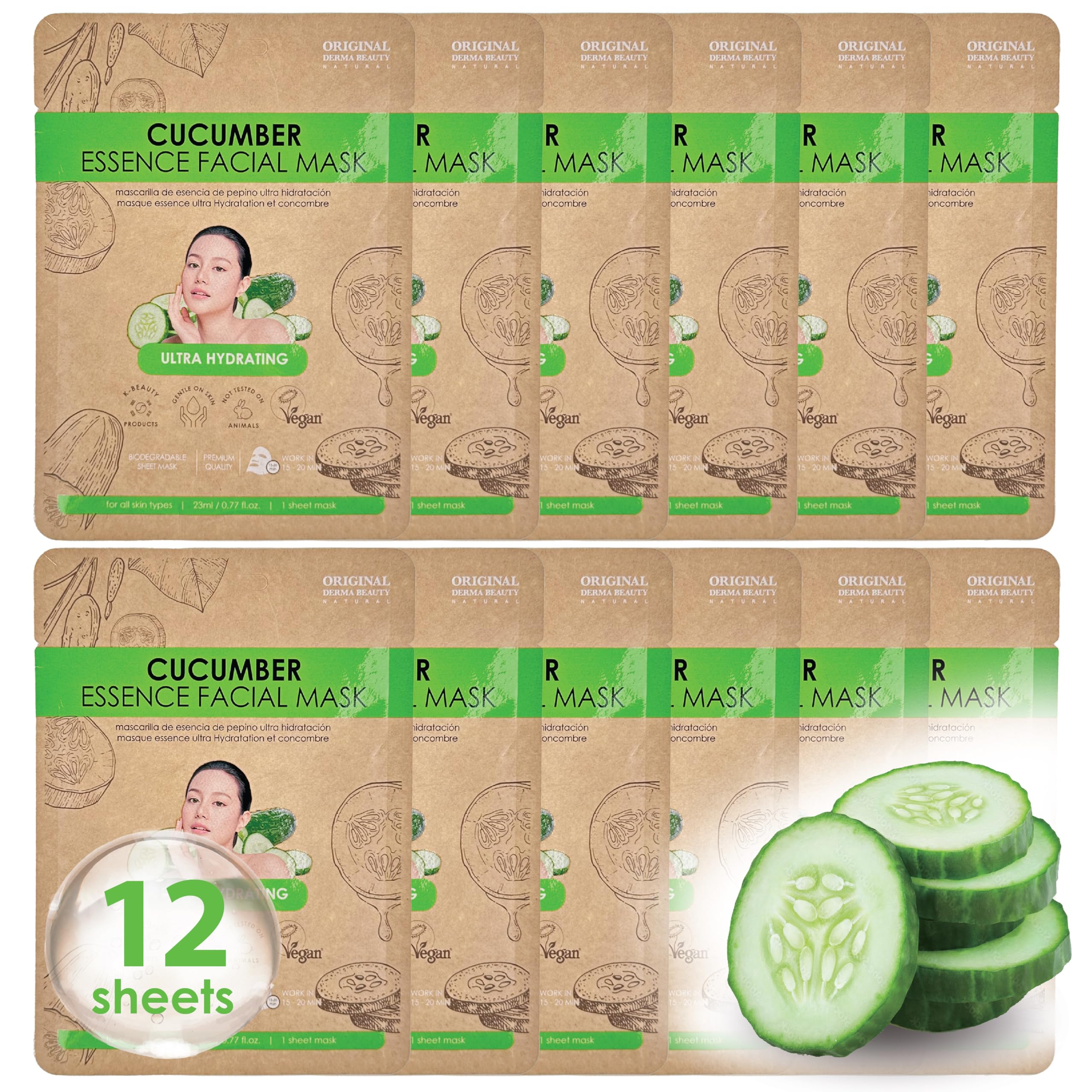 12 PK Vegan Face Masks for Skincare - ORIGINAL DERMA BEAUTY