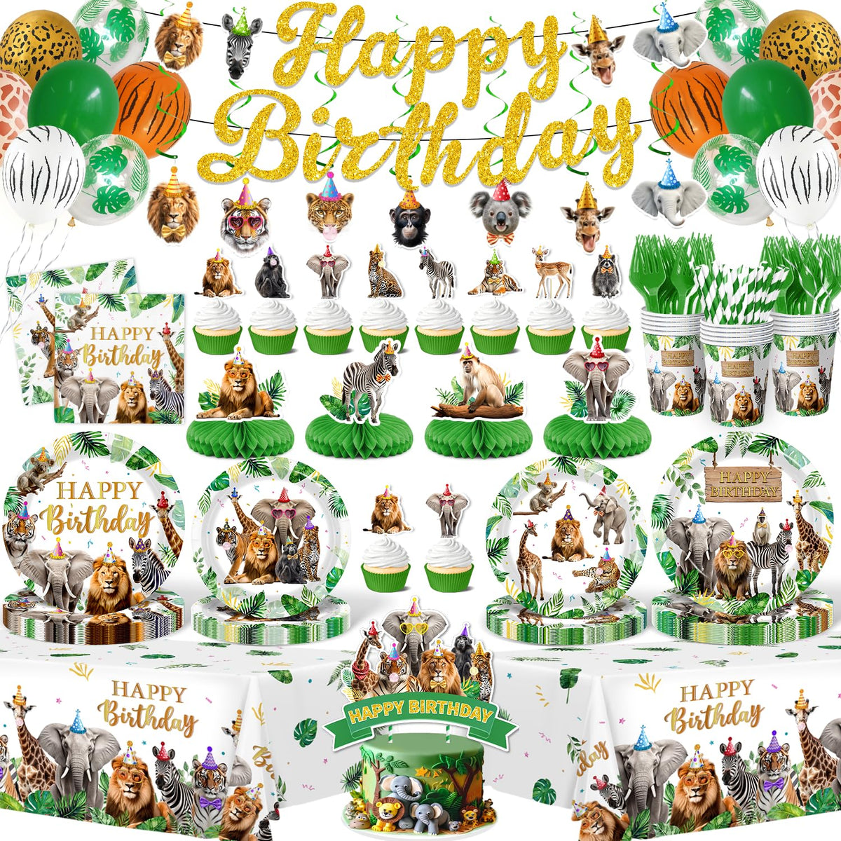 Safari Themed Party Decorations Tableware 198pcs Jungle - Meuqeaju Official Imagery - 1
