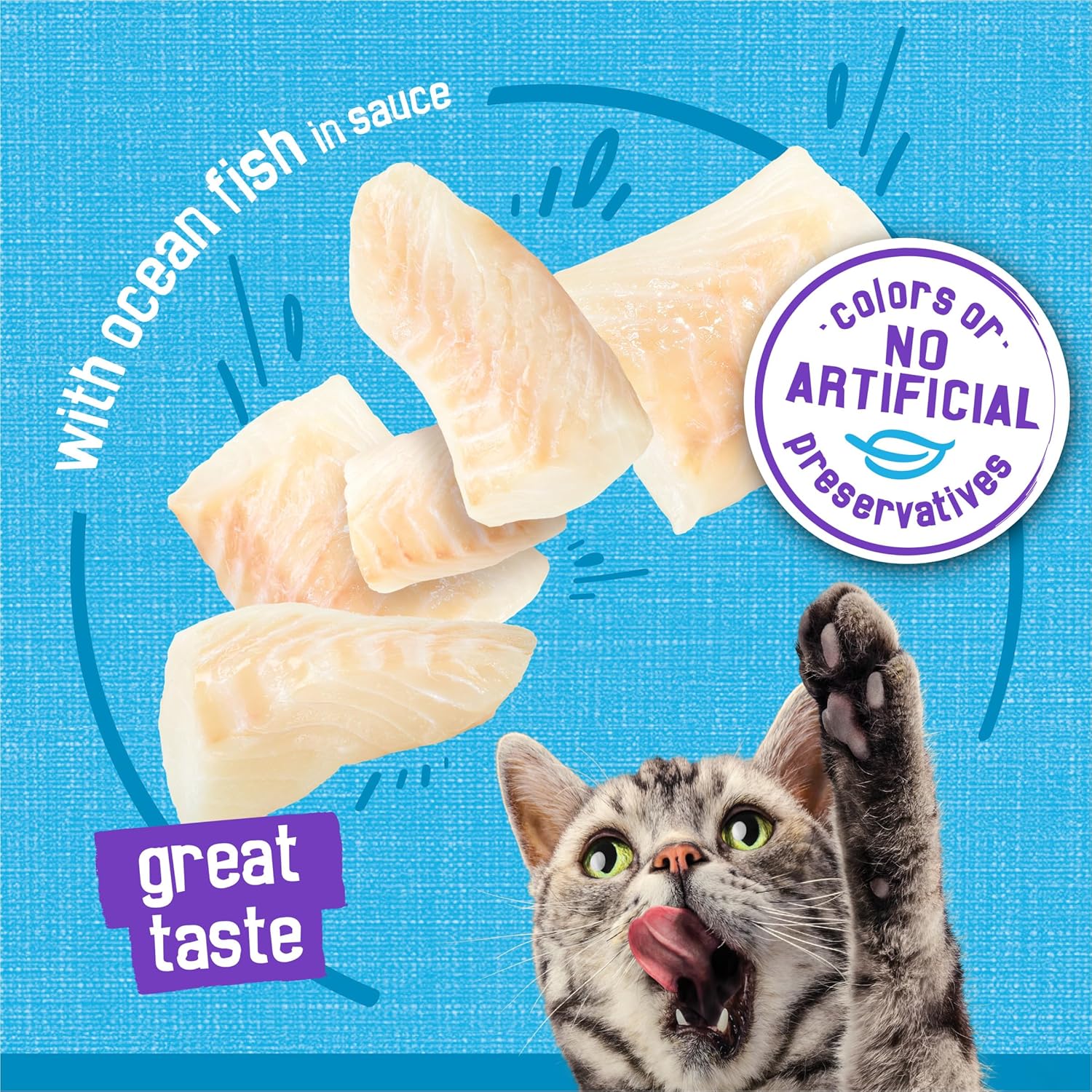 Cans of Purina Friskies Meaty Bits with Ocean Fish in Sauce cat food for multiple cats, 13.5 ounces per can, packed in 12.