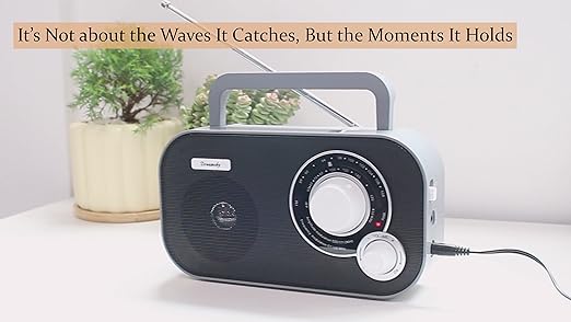 DreamSky portable AM FM radio with wall plug or battery operation, suitable for home and outdoor use, featuring a compact design.