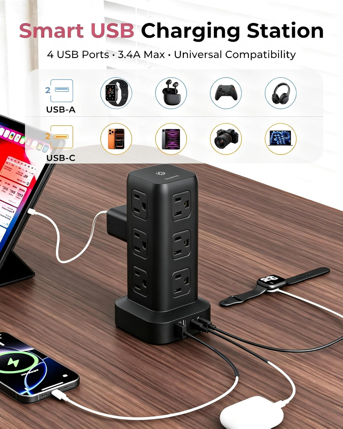Power Strip 6 5 FT Cord Power Strip Tower with 4 USB Ports - SMALLRT Official Imagery - 5