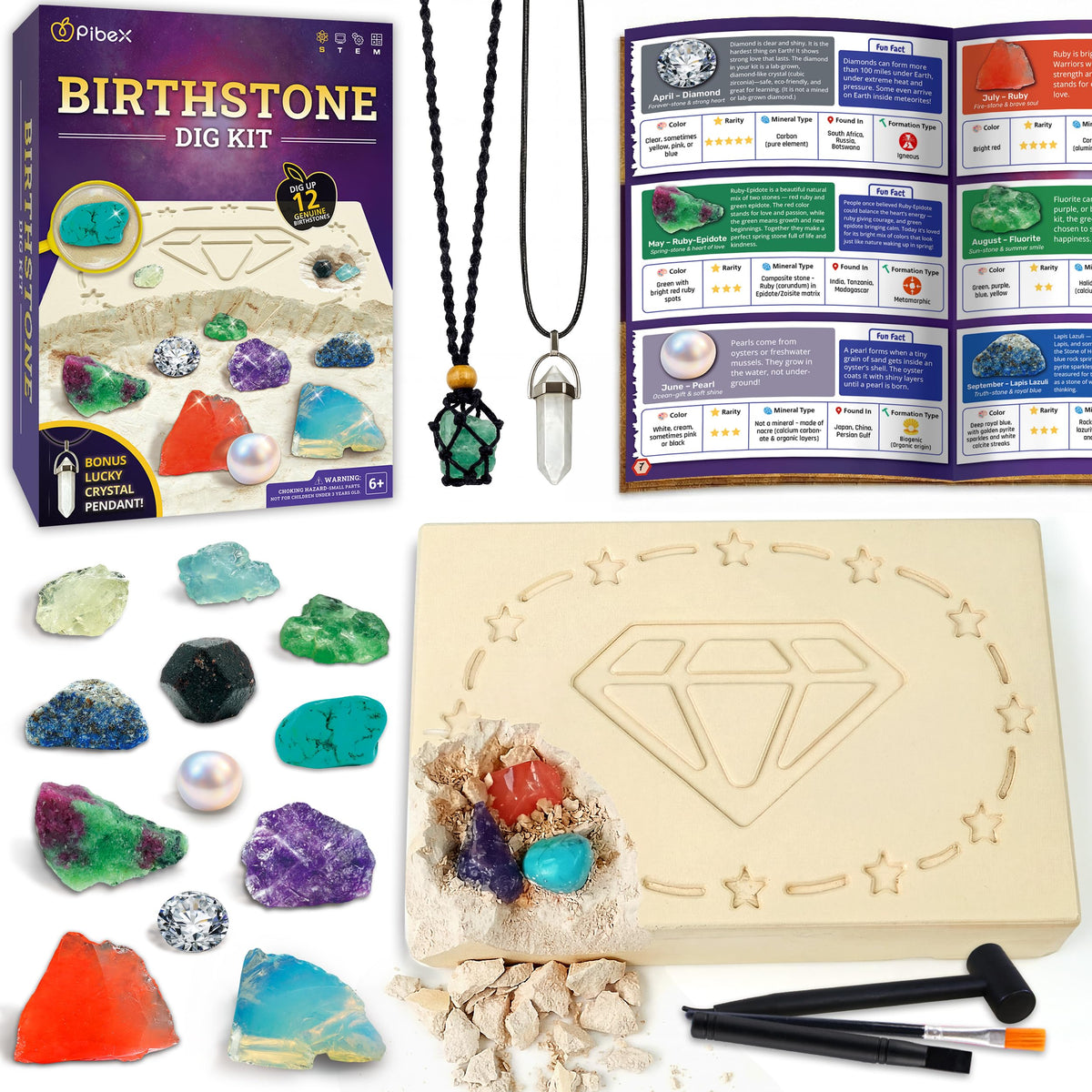 Birthstone Dig Kit 12 Real Gems DIY Necklace Crystal Pendant - PIBEX Official Imagery - 1
