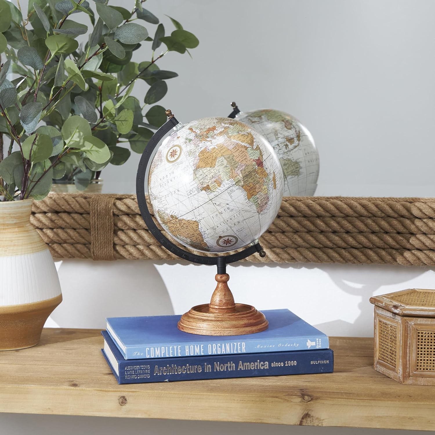 Elefair Deco 79 mango wood globe with brown wood base, 9x8x13 inches, featuring detailed geographic map design.