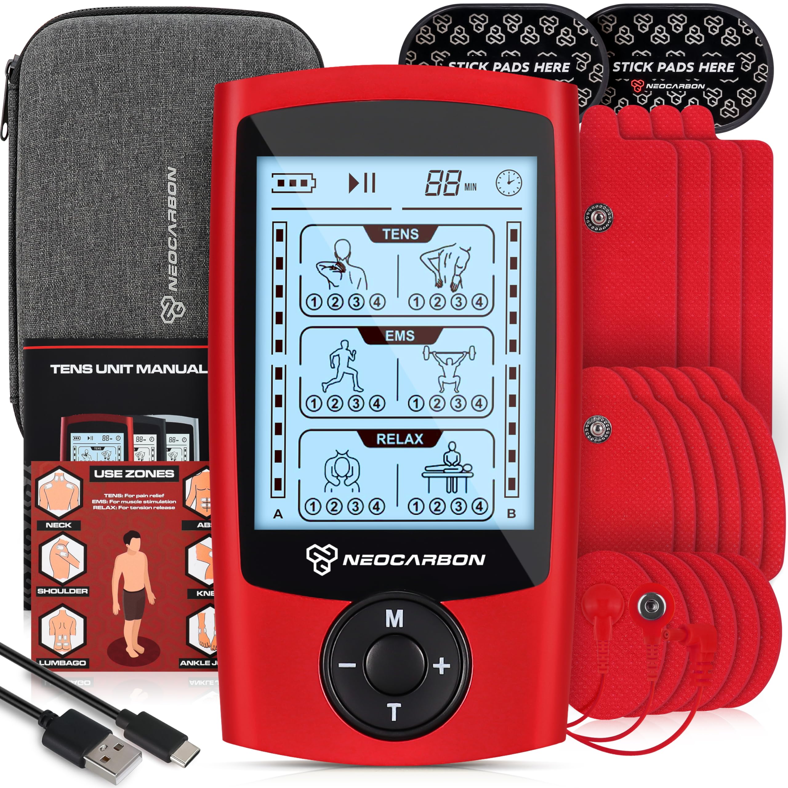 NEOCARBON TENS Unit Muscle Stimulator, Pulse Massager Machine, Red