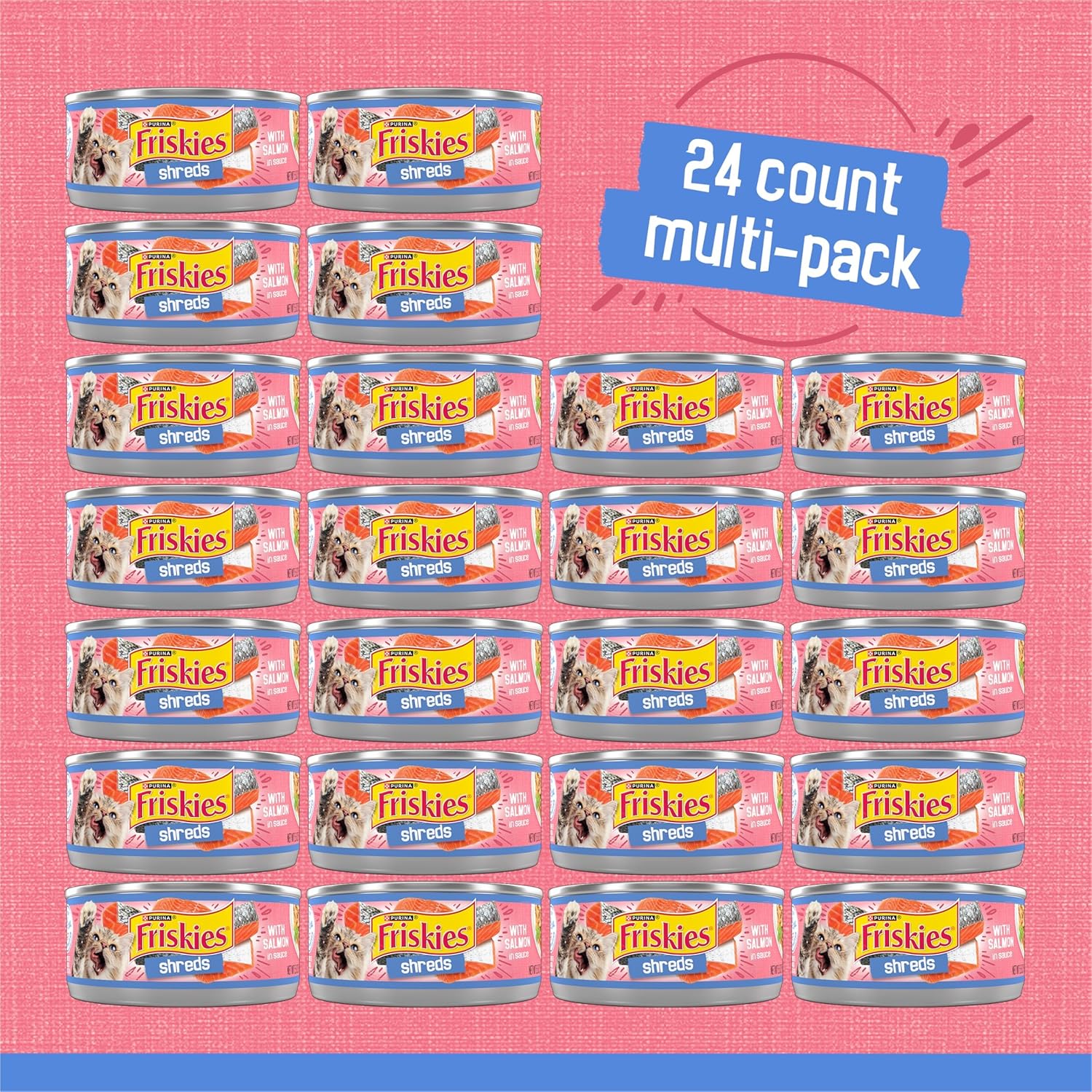 Cans of Purina Friskies Shreds with Salmon in Sauce wet cat food, 5.5 oz, packed in a set of 24.