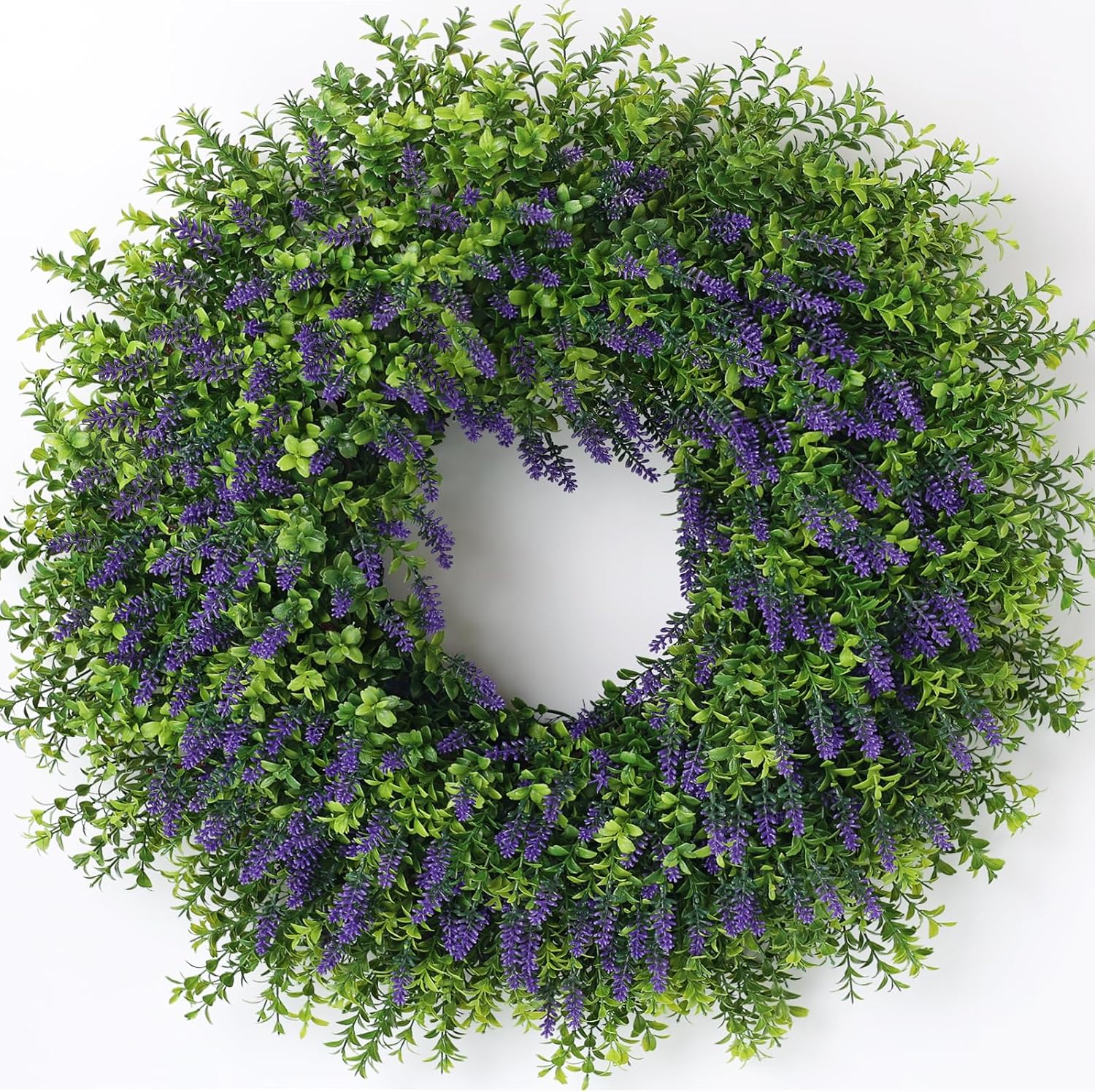 Large 26-inch artificial lavender and boxwood wreath for front door, featuring realistic faux purple flowers and green foliage.