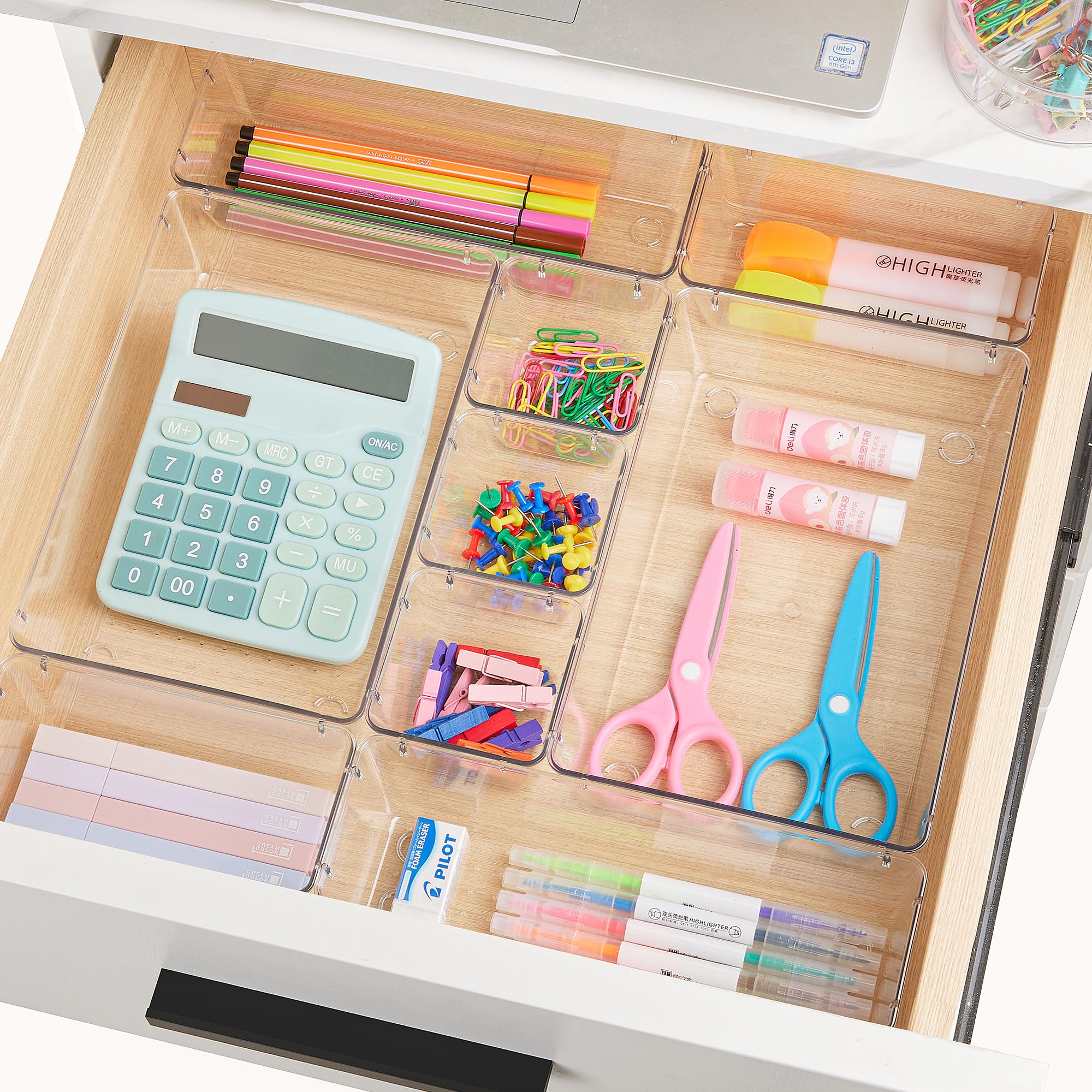 Vtopmart 25 PCS Clear Plastic Drawer Organizers Set, 4-Size Versatile Bathroom and Vanity Drawer Organizer Trays, Storage Bins for Makeup, Bedroom, Kitchen Gadgets Utensils and Office - Vtopmart Official Product View 6